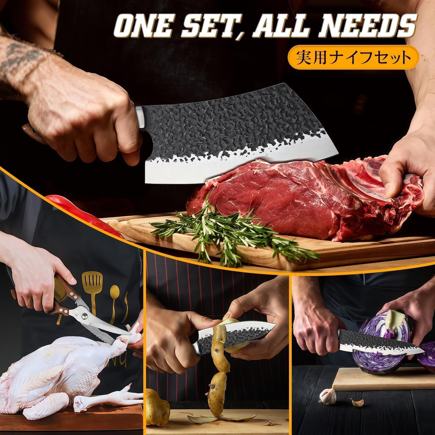 Huusk Chef Knife Set 5Pcs - Hand Forged Meat Cleaver & Chef Viking Knife & Utility Knives, Kitchen Knives Set with Bag for Cooking, Outdoor Camping, BBQ, Gifts for Men