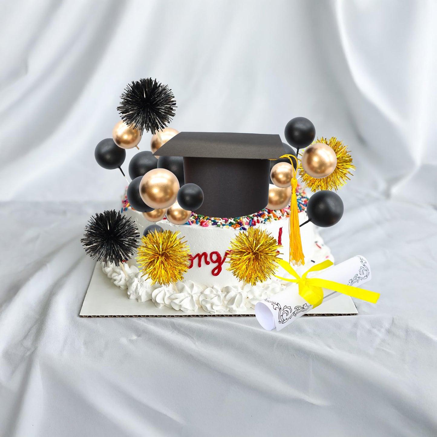 Gyufise 42Pcs 2026 Graduation Cake Kit Diploma Grad Cap Cake Pick Balloon Tassel Firework Cupcake Toppers Prom 2026 Cake Decorations for Class of 2026 Congrats Grad Party Supplies Black Gold