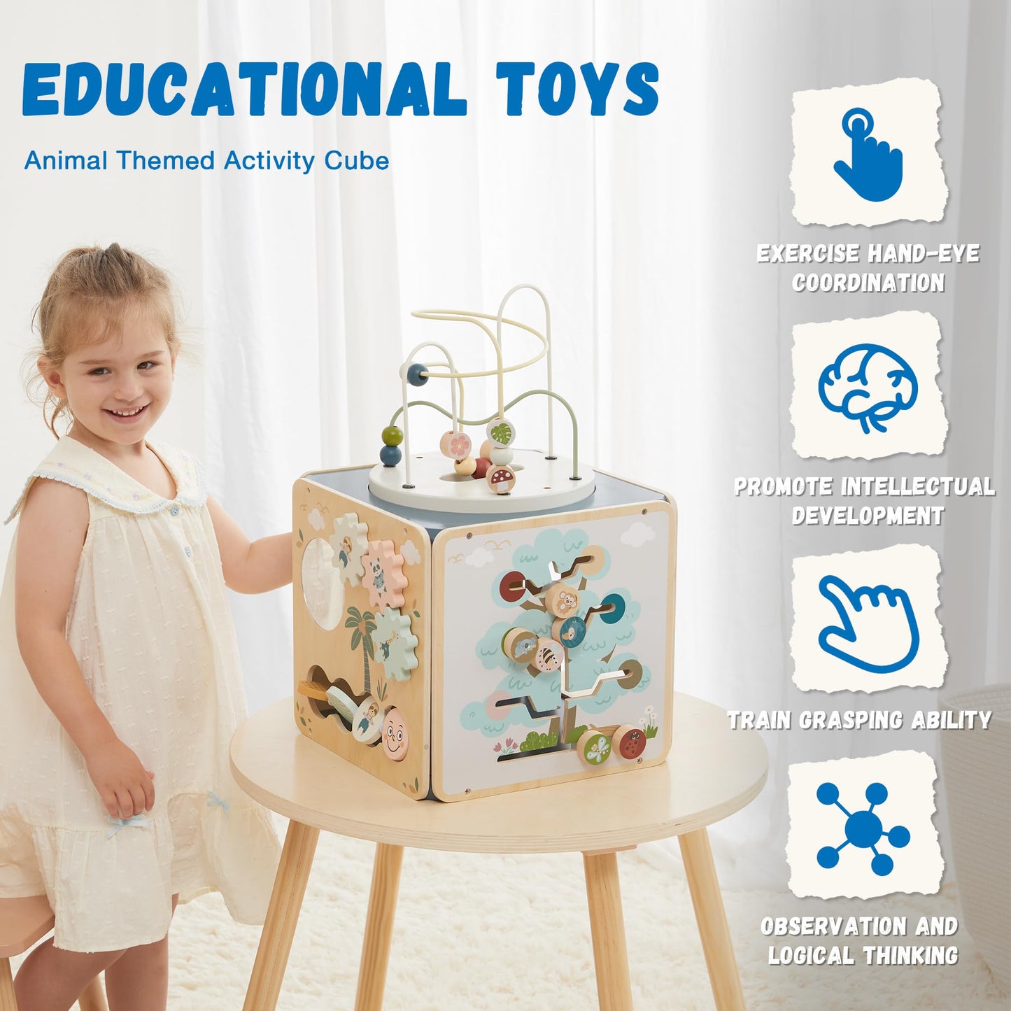 FReniland Wooden Activity Cube，Five Sided Montessori Toys，Sensory Toy for Toddler，Gift for Boys and Girls Over 18 Months