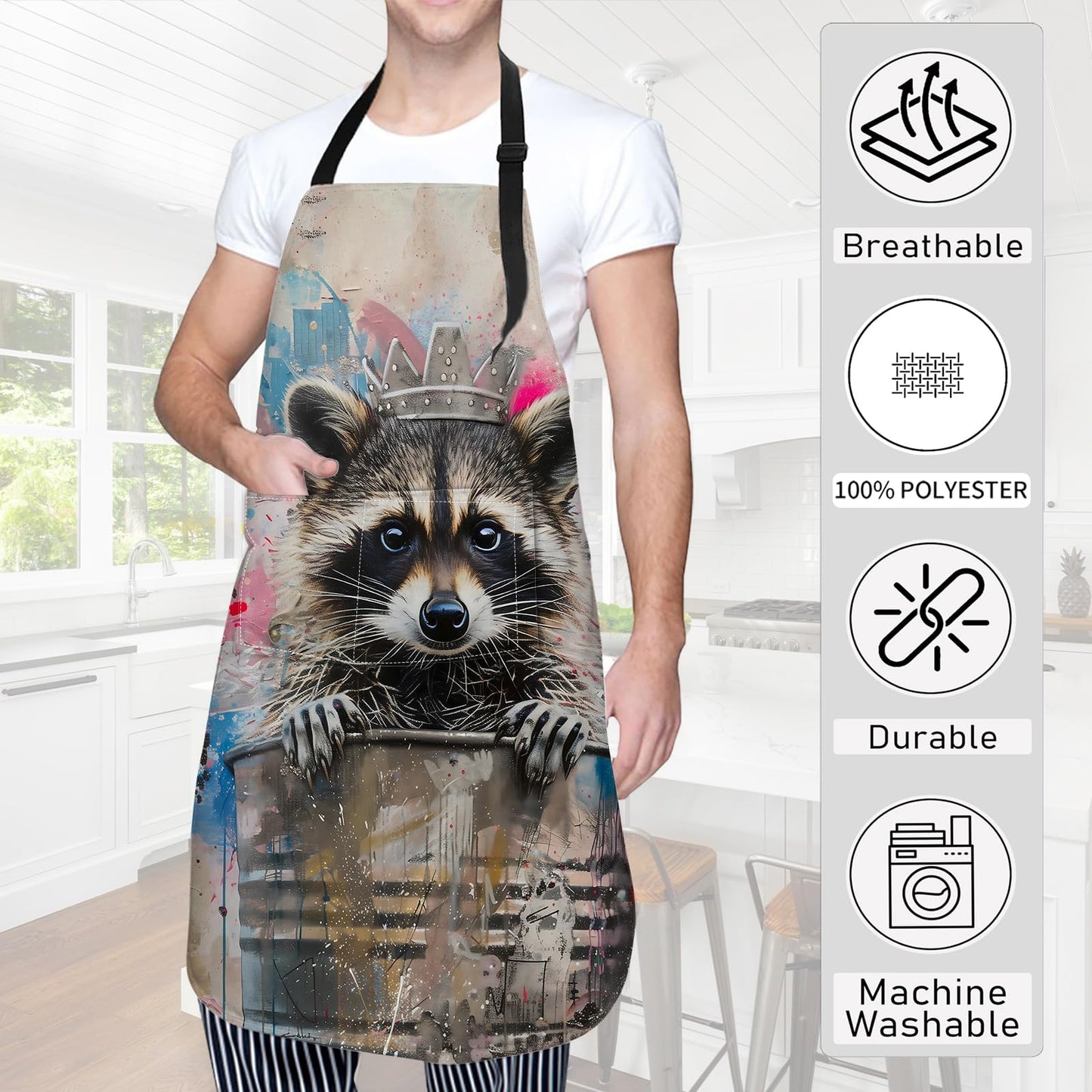 cromcu Graffiti Raccoon Apron Urban Street Art Trash Can Crow Aprons Waterproof Oxford Polyester Adjustable Pockets Design for Cooking, Crafting, Garden Decor, for Adults, 28x33 Inch