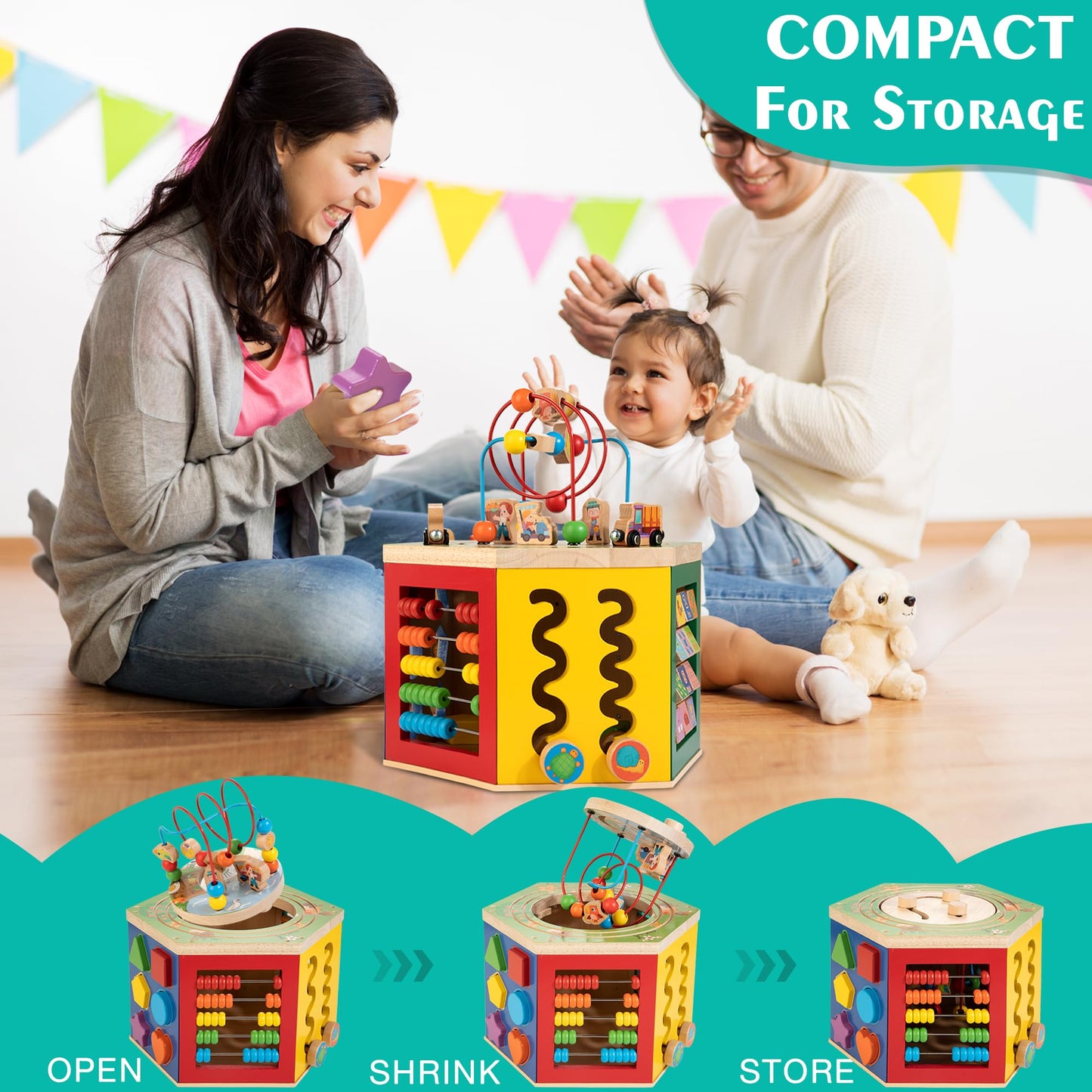 Large Activity Cube, 9-in-1 Farm-Themed Wooden Play Center, Multipurpose Montessori Toy for 1-2 Year Old Baby Toddler Kid, First Birthday Gift | Bonus Magnetic Train Cars