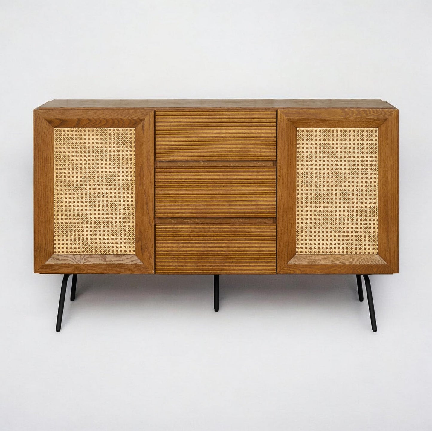 NTC MOSSIC Sideboard with 2 Doors and 3 Drawers, Buffet Cabinet with Natural Rattan and Metal Legs, Modern Storage Cabinet for Living Room, and Hallway, Effortless Assembly - Rustic Oak
