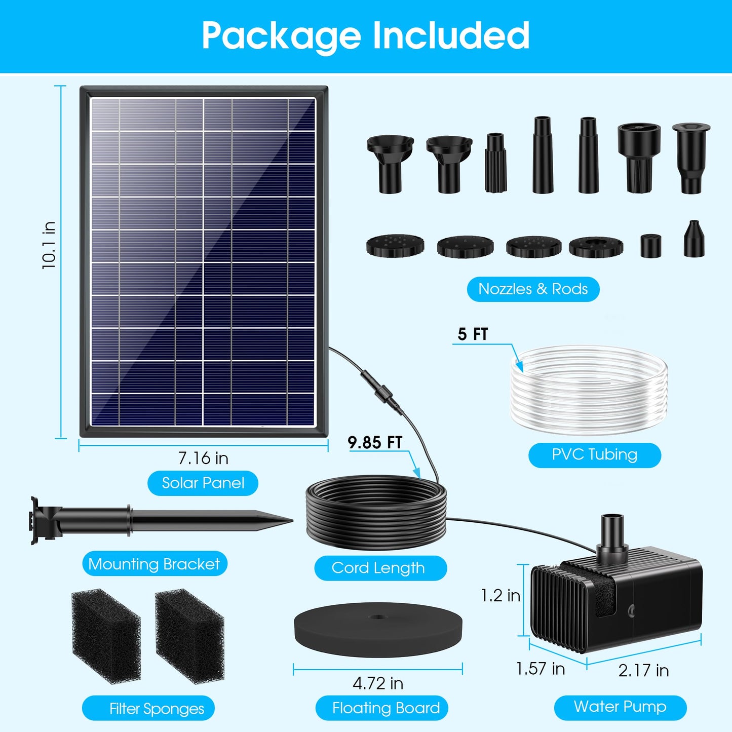 Biling 8W Solar Fountain Pump, Solar Water Pump with 3600mAh Battery Backup Work All Day, 5ft Tubing 5 Nozzles, Solar Fountain for Bird Bath, Garden Pond, Fish Tank and Hydroponics