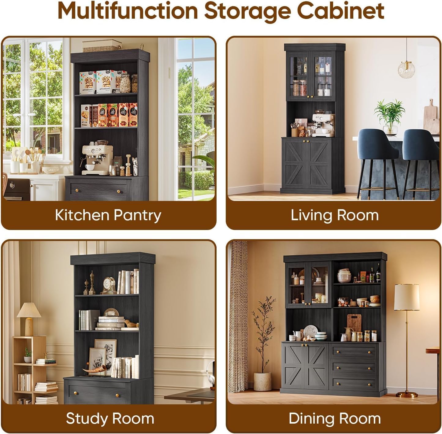 Vyre 71" Farmhouse Pantry Cabinet Set of 3, Large Storage Hutch with Glass Doors, Drawers and Adjustable Shelves, Freestanding Coffee Bar with Microwave Stand for Kitchen or Living Room, Black
