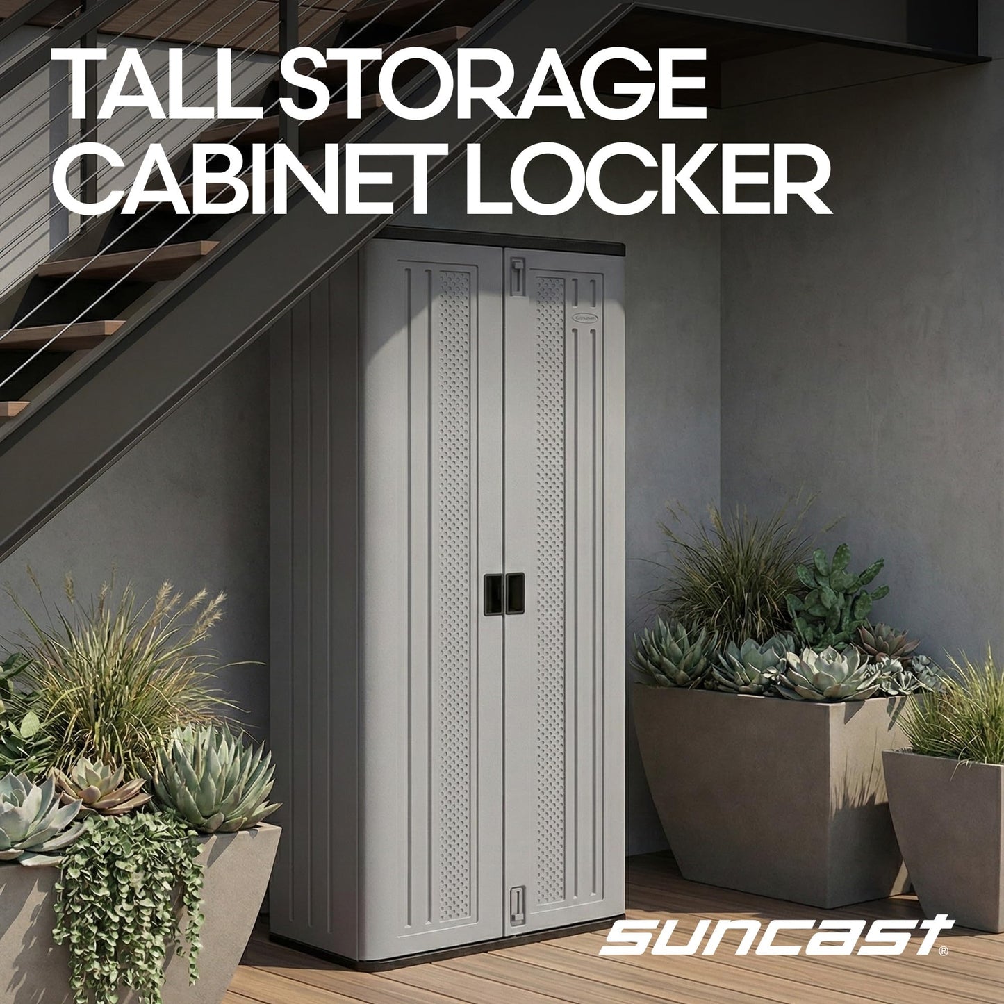 Suncast Tall Storage Cabinet, Platinum Resin Garage Storage Cabinet with Doors & Shelves, Lockable, Freestanding Utility Closet for Tools & Supplies, Made in USA