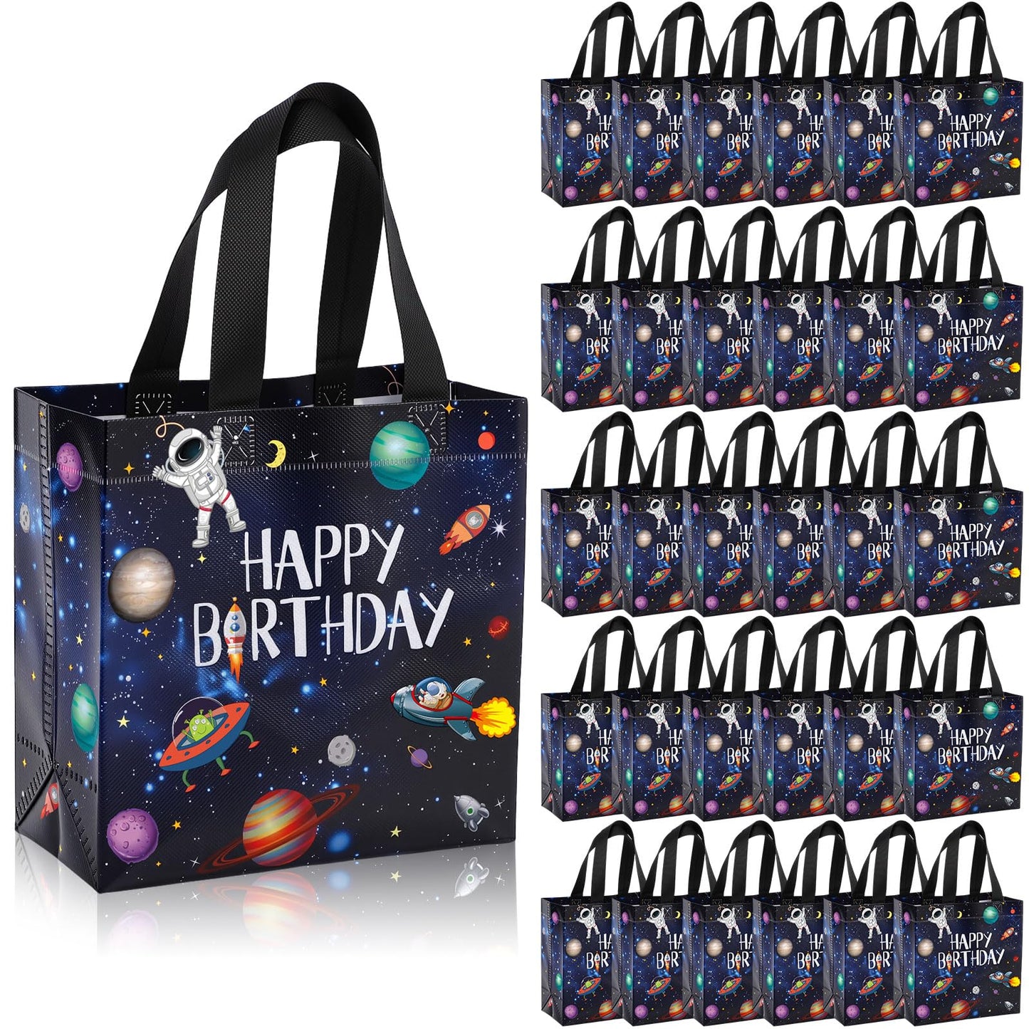 Tiamon 30 Pcs Outer Space Birthday Party Favor Bags Bulk Space Happy Birthday Gift Bags with Handles Reusable Non Woven Planet Goodie Treat Astronaut Present for Galactic Solar System Party Supplies