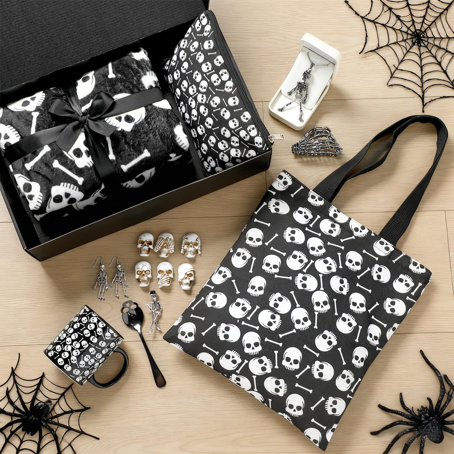 Conelist 16 Pcs Gothic Gifts for Women, Witchy Gifts Goth Horror Themed Includes Skeleton Blanket, Spooky Bag, Gothic Coffee Mug, Skeleton Necklace, Makeup Bag for Women Friend Easter