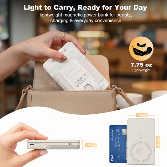 5-in-1 Portable Charger for Women, 5000mAh Magnetic Wireless Power Bank w/ Makeup Mirror, Phone Stand, Bluetooth Remote, Card Holder, Travel Essentials, Mothers Day Birthday Gift for Mom, Wife, Khaki