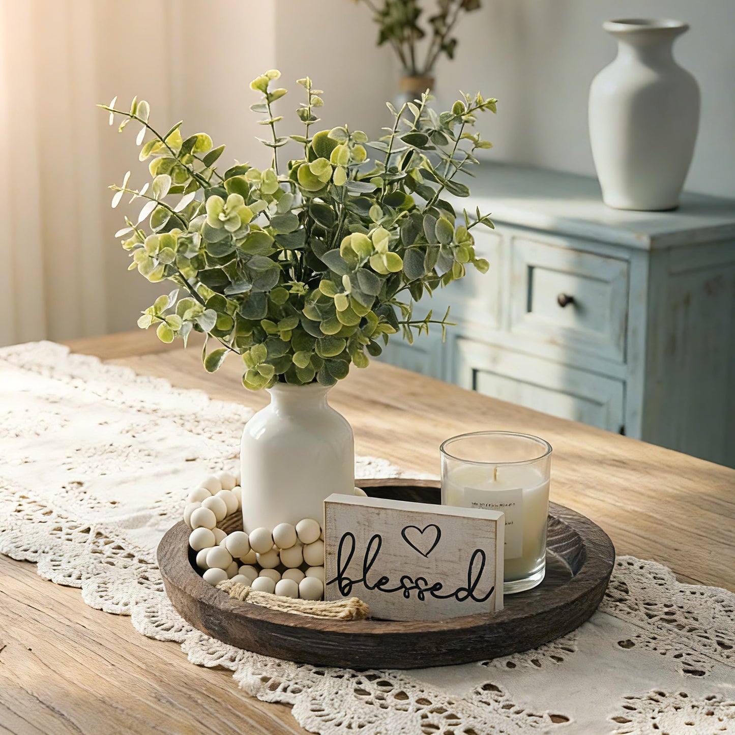 ZENLIV Rustic Modern Farmhouse Decor Set of 6 for Your Living Room, Kitchen Counter, Home or Table Centerpieces Room Decor, Wood Round Decorative Tray Easter Gifts for Women Men Easter Basket Stuffers