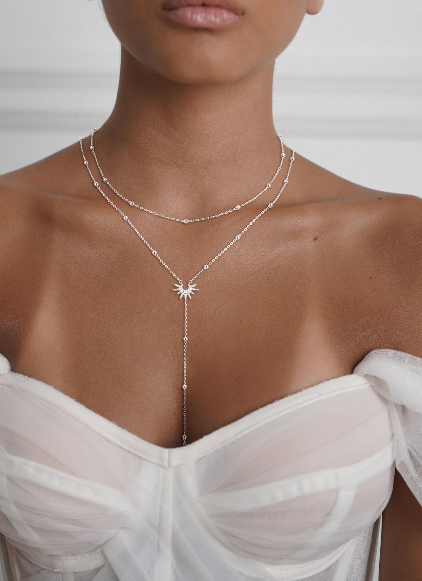 CHESKY Lariat Silver Necklace for Women Trendy, Dainty Long Necklace Streling Silver Y-Shaped Pendant Necklace Layered CZ Beaded Chain Drop Necklaces Simple Gold Jewelry for Women Gifts