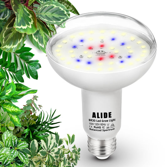BR30 Led Grow Light Bulbs for Indoor Plants Full Spectrum,E26 BR30 Floodlight Plant Sun Grow Lamp 15W 1800lm,150-200 Watt Equivalent,Balanced Spectrum 5000K Red Blue for Seeds Greens,Flowers,1Pcs
