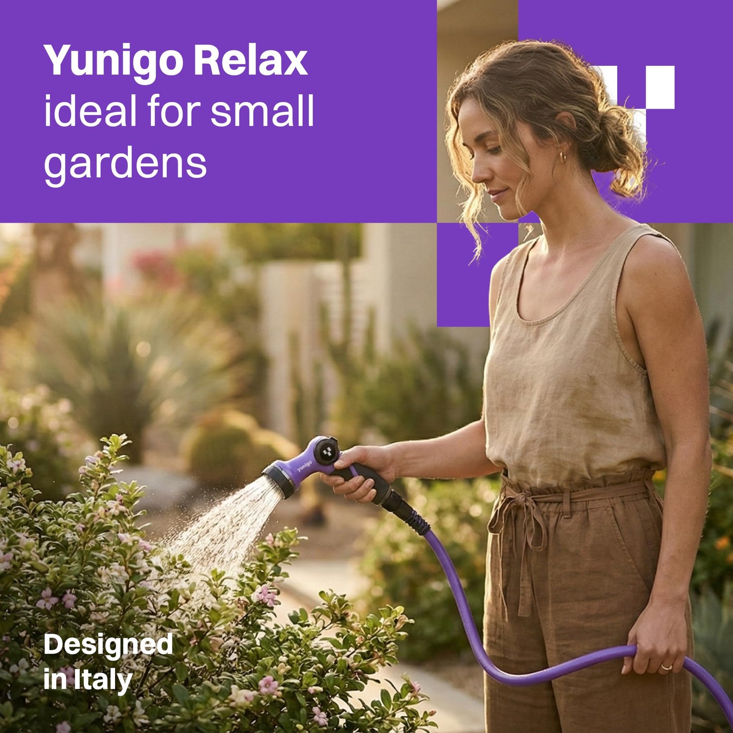 YUNIGO RELAX 100ft Expandable Purple Garden Hose – Lightweight No-Kink Design with Durable Aluminum Couplings, Spray Nozzle & Hose Mender for Home & Garden Watering