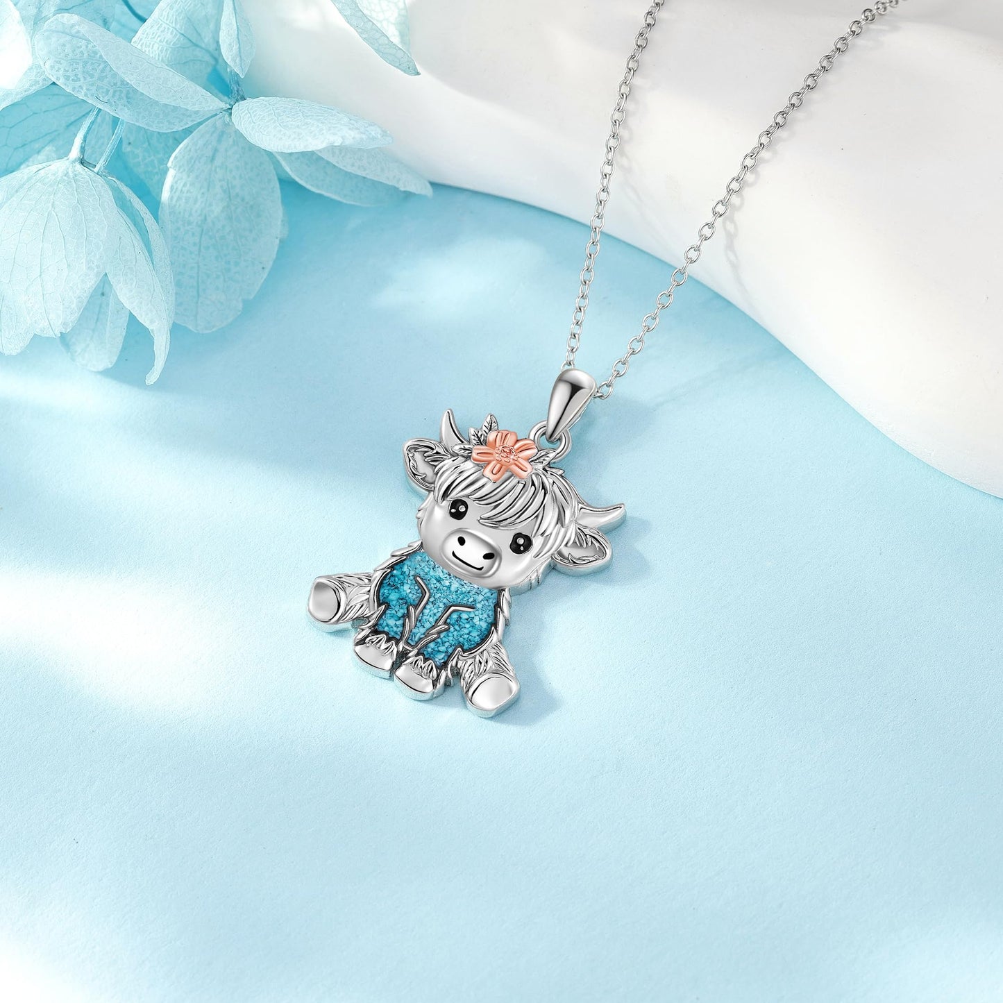 HKPATOP Highland Cow Necklace 925 Sterling Silver Turquoise Cow Necklace Cute Highland Cow Jewelry for Women