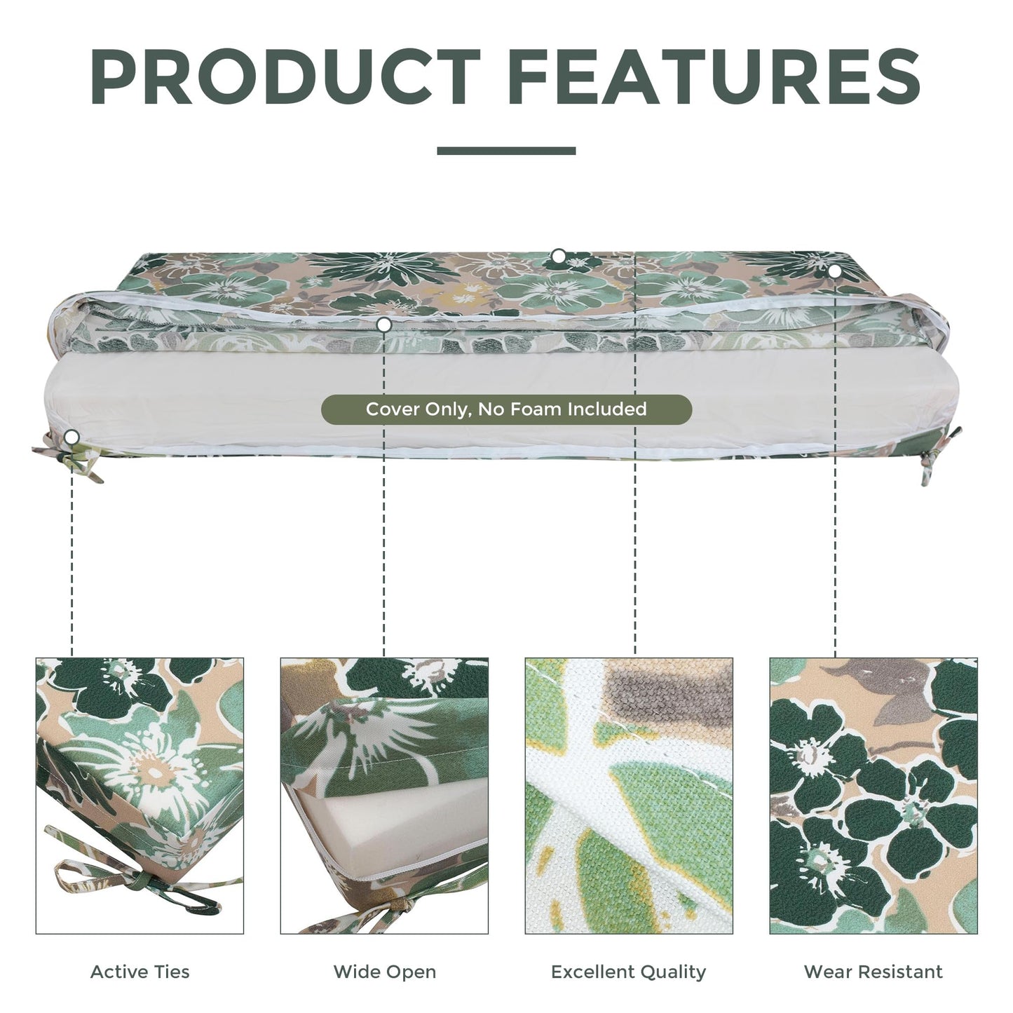 Magpie Fabrics Patio Bench Loveseat Cushion Covers (Replacement Cover only, No Insert!), Waterproof Fade Resistant Swing Cushion Slipcover with Ties(45x18x3 Inch, Green Floral)