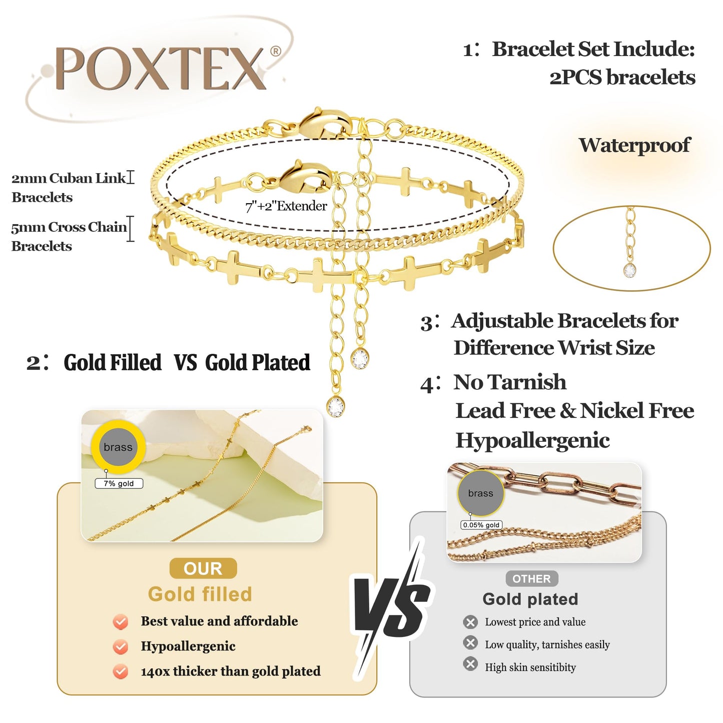 Poxtex Gold Cross Bracelets for Women, Gold Jewelry Set Dainty Waterpoof Cuban Link Layered Bracelet for Women Trendy Jewelry Gifts