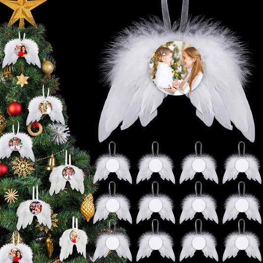 36 Pieces Angel Feather Wings Ornament Sublimation Ornament Blanks Set Angel White Decorative Wings for Crafts Round Hanging Sublimation Blanks Bulk for Tree Decor Party Decorations DIY Craft