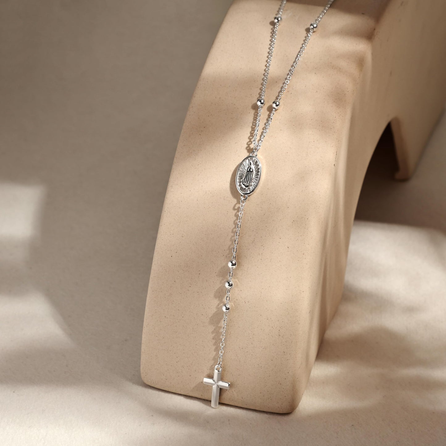 CHESKY Sliver Plated Lariat Necklace Long Y Necklace for Women Rosary Cross Drop Pendant Bead Trendy Christian Jewelry