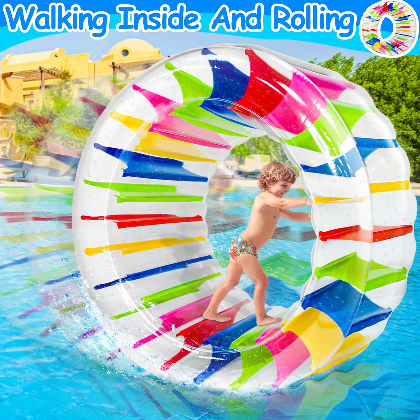 iGeeKid 65" Giant Inflatable Pool Toys Wheel Roller for Kids-Pool Floats Pool Games for Kids Age 6-8,8-12 Years Girls Boys Summer Party,Beach,Swimming Pool,Lake,Lawns Fun Water Rolling Wheel Toys