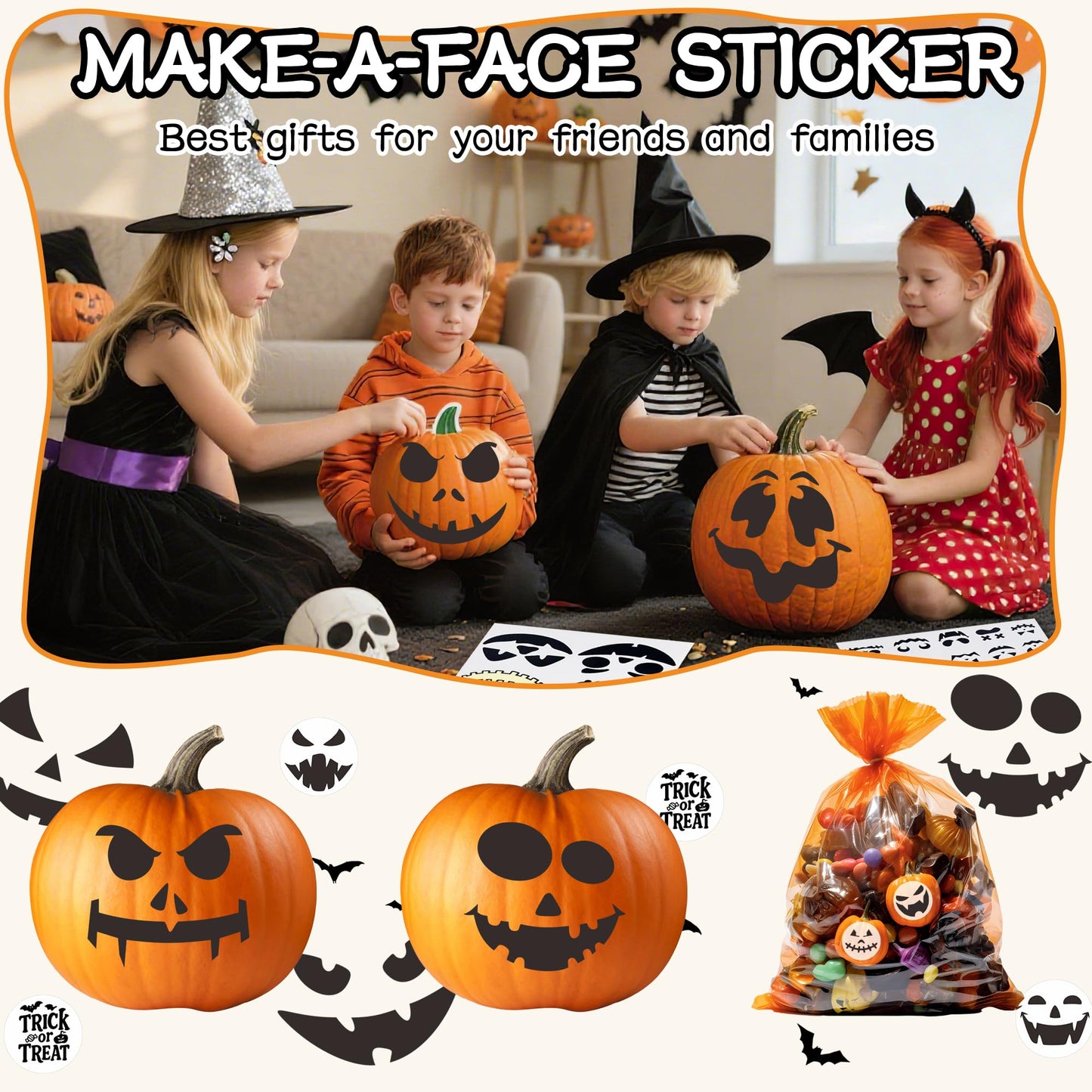 Calidum 90 Designs Pumpkin Decorating Stickers, Jack-O'-Lantern Face Craft Decals, Pumpkin Carving Stickers Kit, Halloween Decorations Supplies Games Gifts Trick or Treat Party Favors for Kids
