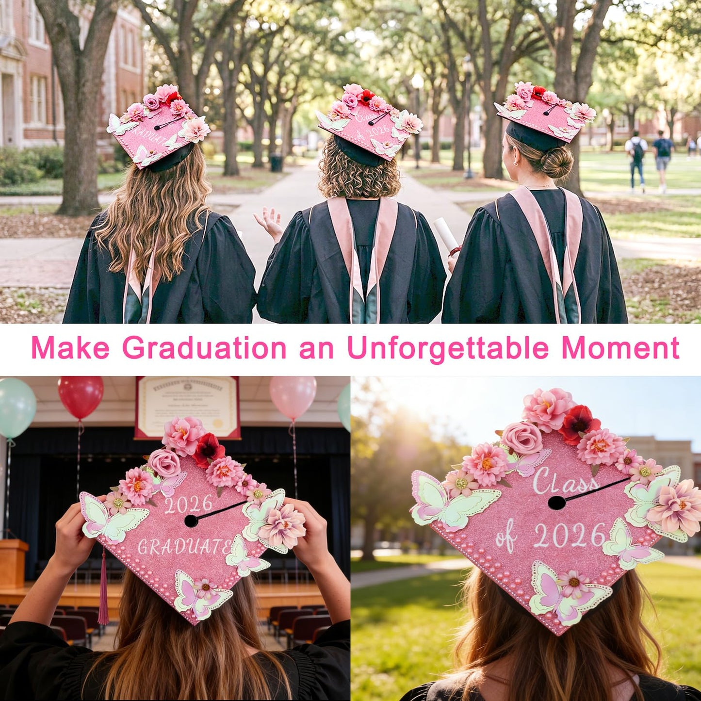 Graduation Cap Decorations Kit,Pink & Black Glitter Cardboard Stickers Faux Assorted Flowers 3D Butterfly Pearl Rhinestones Alphabet Number Decals for DIY Hat Grad Cap Topper Graduation Decor Supplies