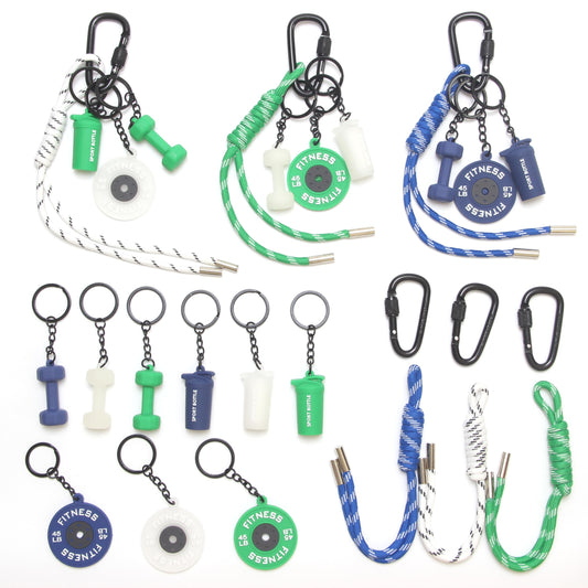 HEYTRCO 15PCS Fitness Rings Keychain Set, Dumbbell Kettlebell Water Bottle Charms with D-Shaped Clips, Gym Key Chains Accessories for Bags & Keys (Blue Green Translucent)