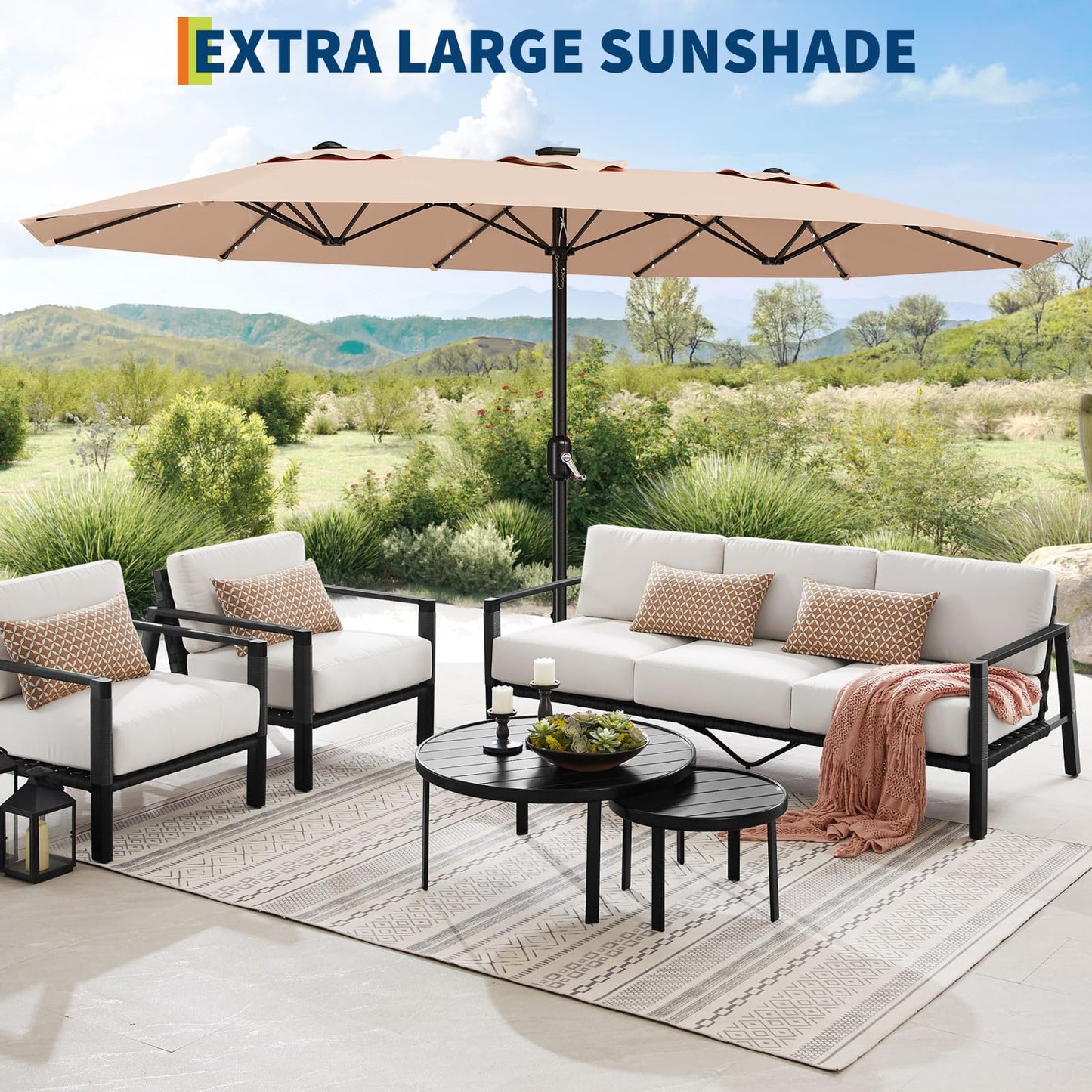 GarveeTech 15FT Solar Patio Umbrella with 36 LED Lights, Weighted Base Included, Tilt and Crank Market Umbrella for Backyard, Garden, Deck, Pool, Beach, Beige