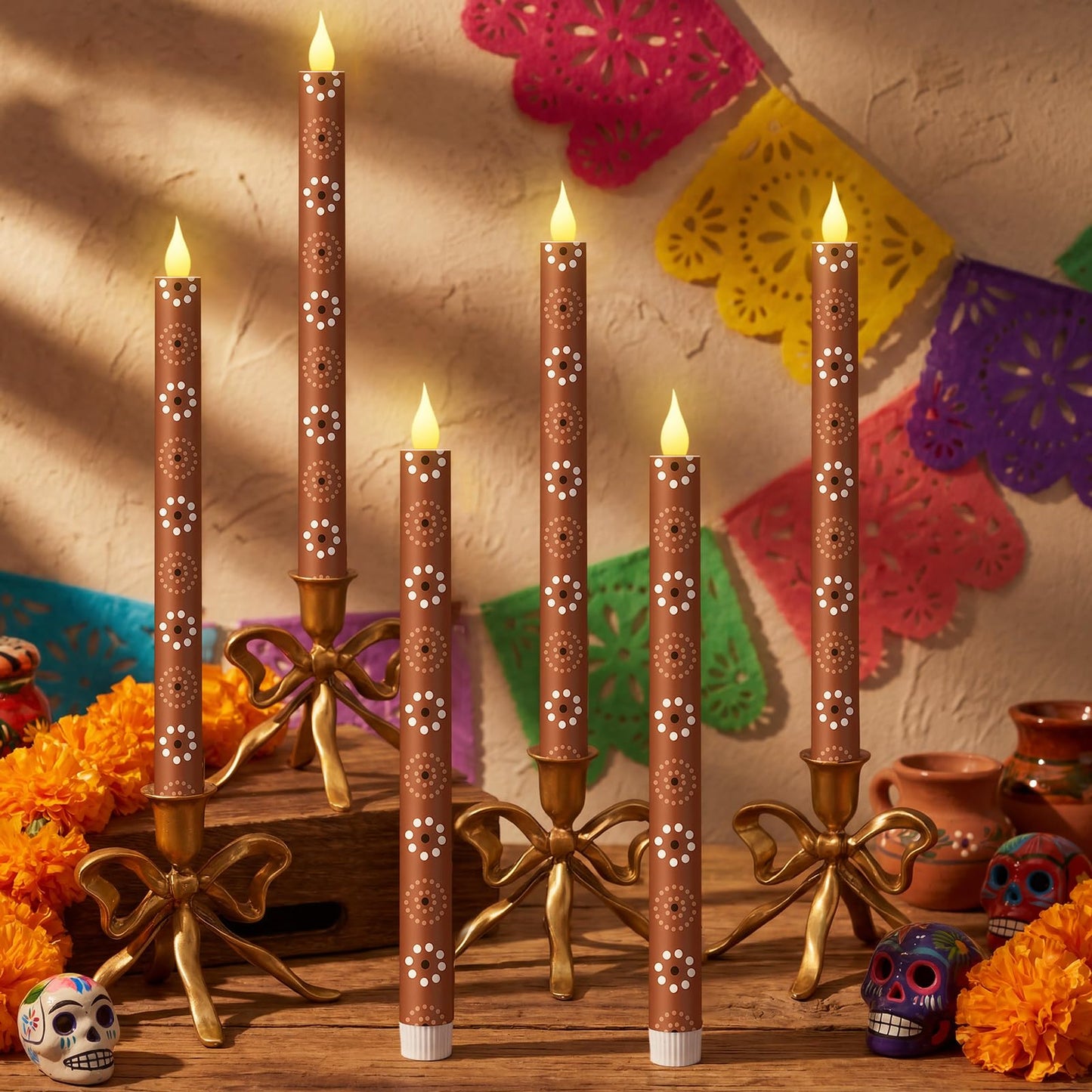 Honoson 6 Pcs Cielito Lindo Party Decorations Mexican Flameless Taper Candle 10.6 Inch Terracotta LED Candles Battery Operated Candlestick for Mexican Barro Home Cinco De Mayo Party Table Decor Gift
