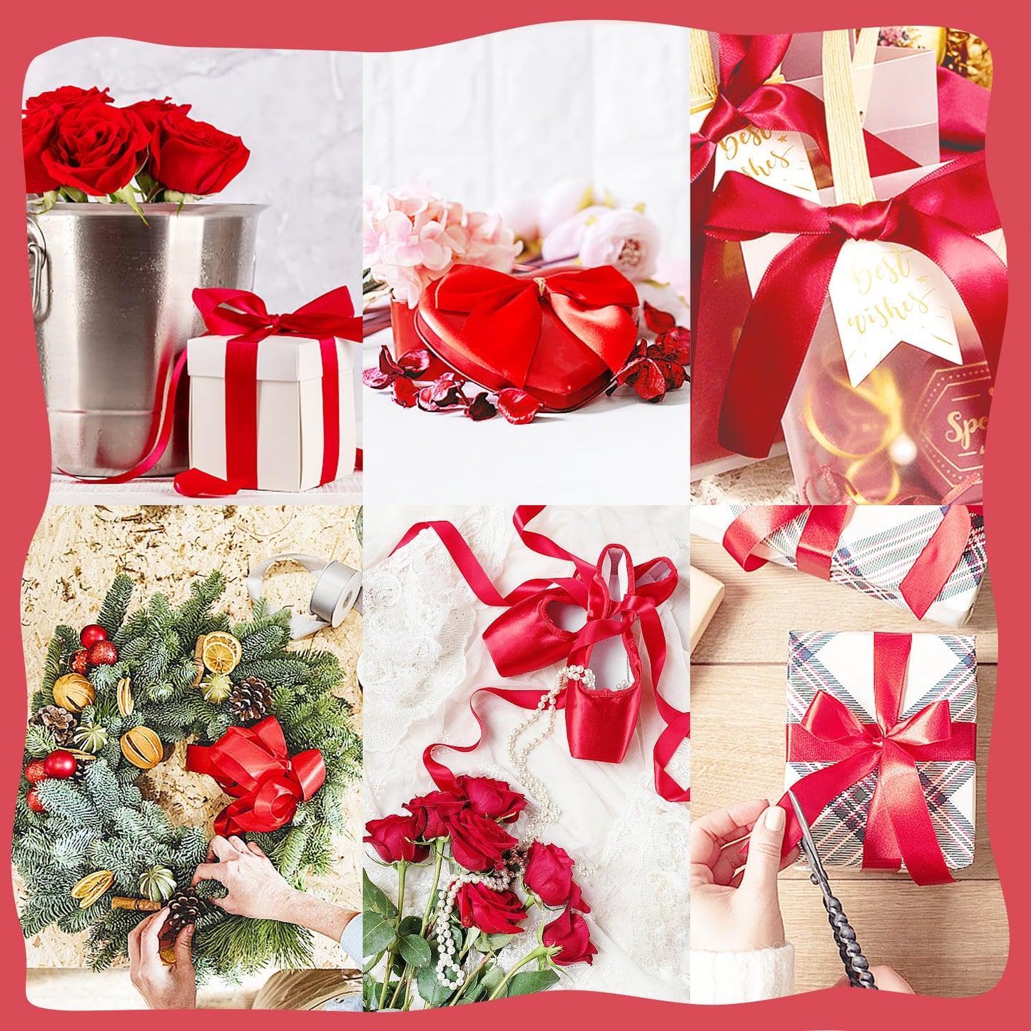 PURREITTI 150 Yards Red Satin Ribbon 1 Inch 6 Rolls Assortment Ribbons for Crafts Gift Wrapping Flower Bouquet Wedding Invitations Birthday Party Festival Decoration Hair Bows