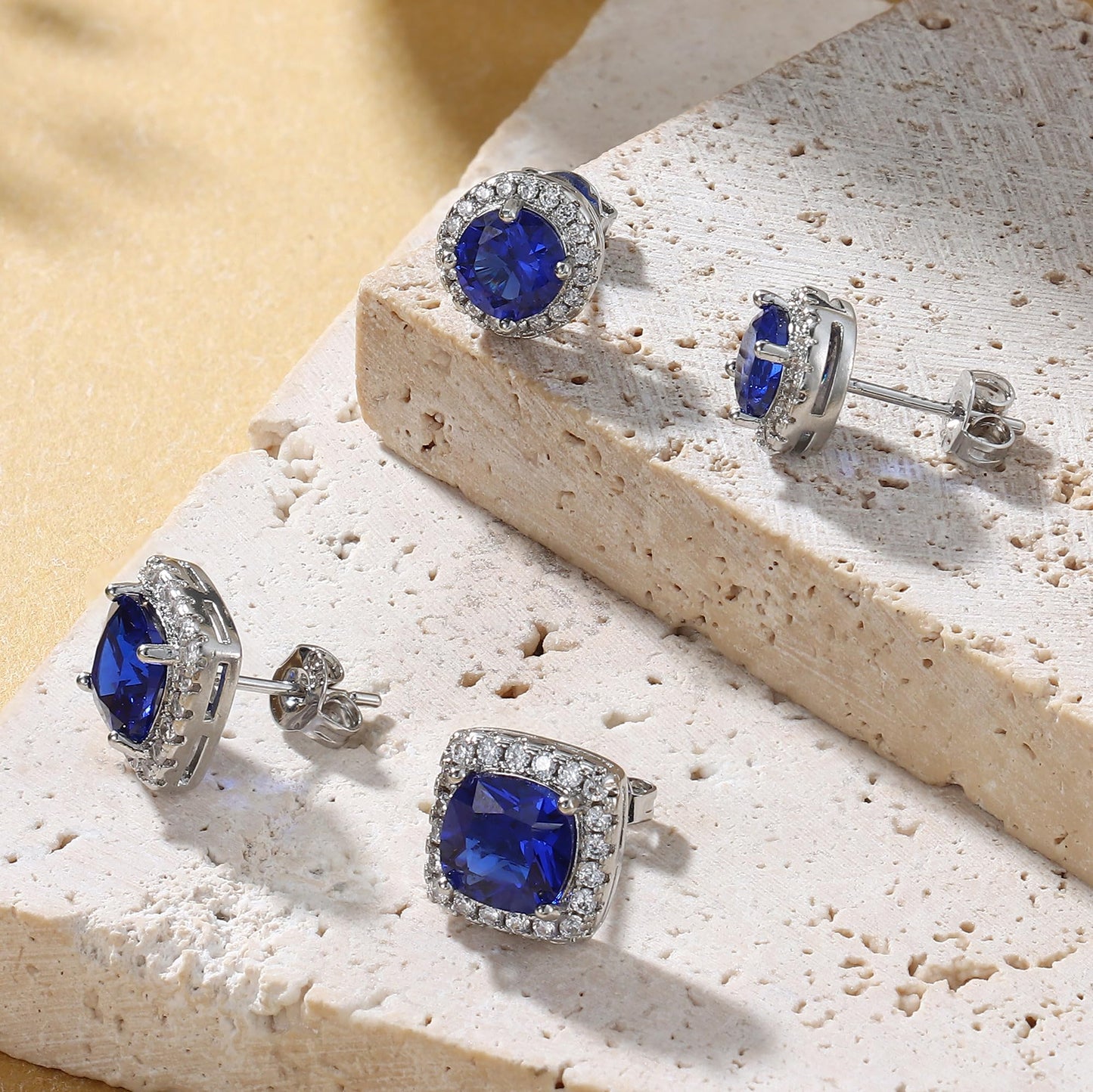 Hayoso Cubic Zirconia Stud Earrings for Women Men Sterling Silver Earring Post Hypoallergenic 14k Gold Plated Round&Square Earrings Silver&Blue