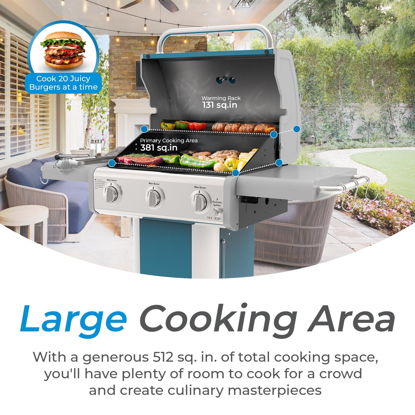 Kenmore 3-Burner Propane BBQ Grill, 30,000 BTUs Gas Grill with Cast Iron Cooking Grates, Folding Side Tables & Wheels, Outdoor Grill with Tool Hooks, Teal