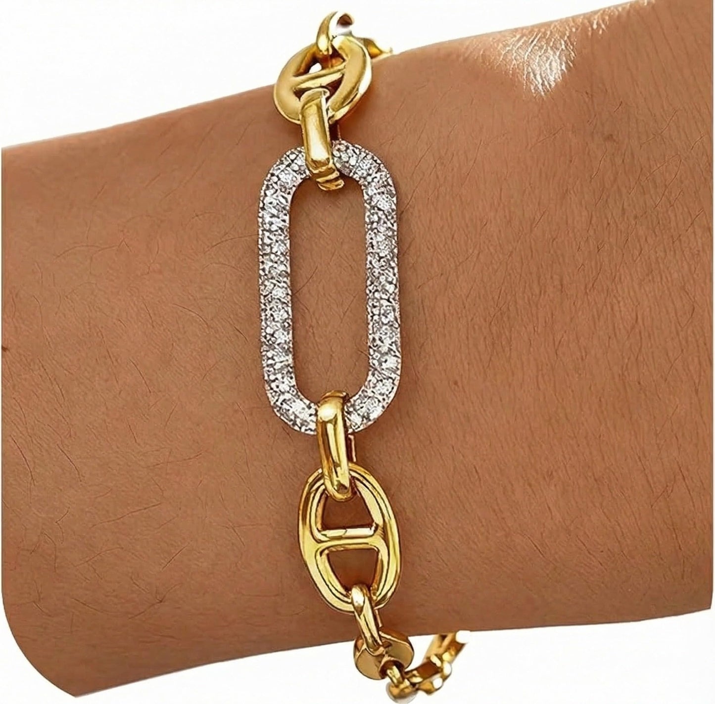 ANDKISS 18K Gold Bracelets for Women, Adjustable Waterproof Non-Tarnish Titanium Chain with Pavé AAA+ CZ Accent, Dainty Gold Plated Paperclip Bracelet Jewelry Valentine's Day Gifts