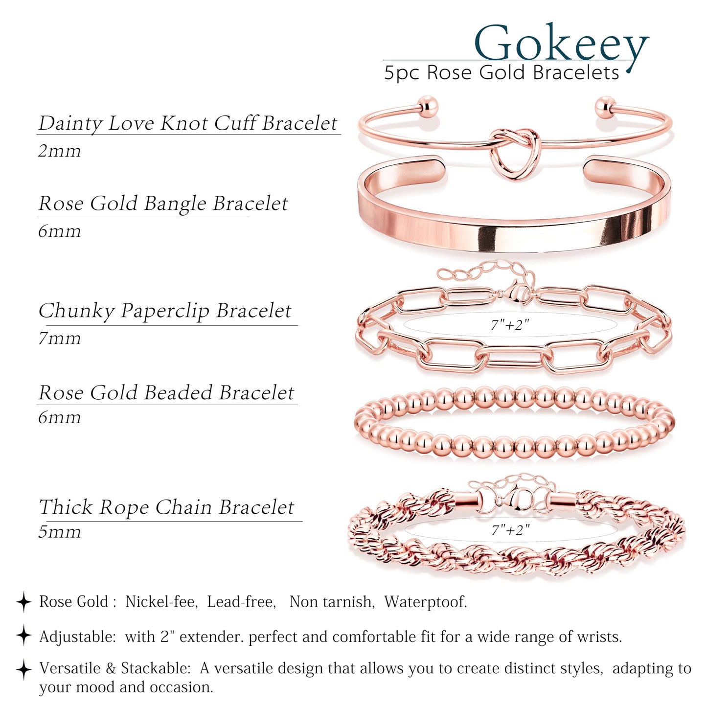 Gokeey Rose Gold Cuff Bracelets for Women,Dainty Rose Gold Bangles Bracelets Set for Women, Paperclip Link Chain Rope Beaded Tie Knot Bracelets Stack Chunky Jewelry