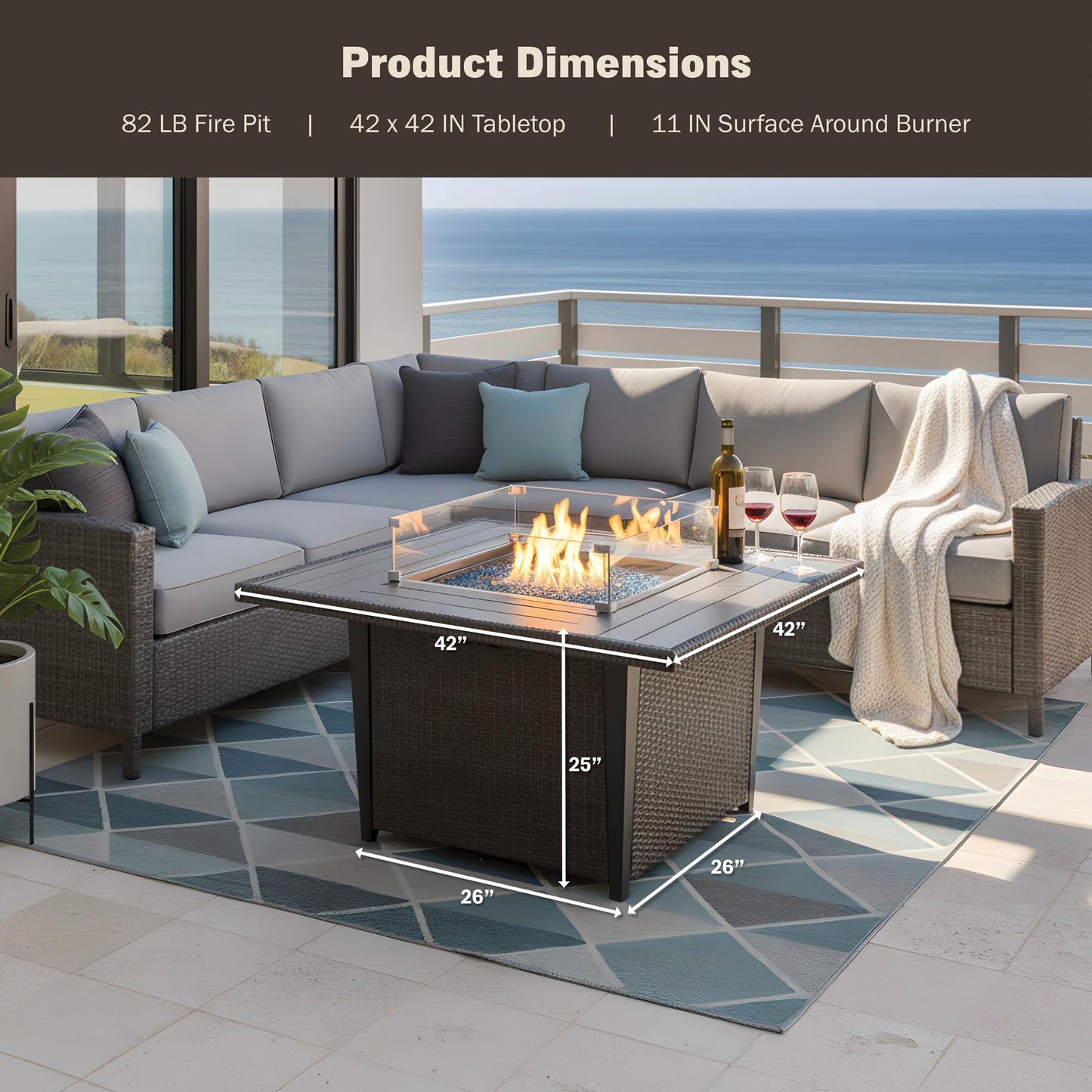 Kinger Home Ethan Rattan 42-Inch Propane Gas Fire Pit Table, Outdoor Patio Firepit, 50,000 BTU, Includes Wind Guard & Fire Glass