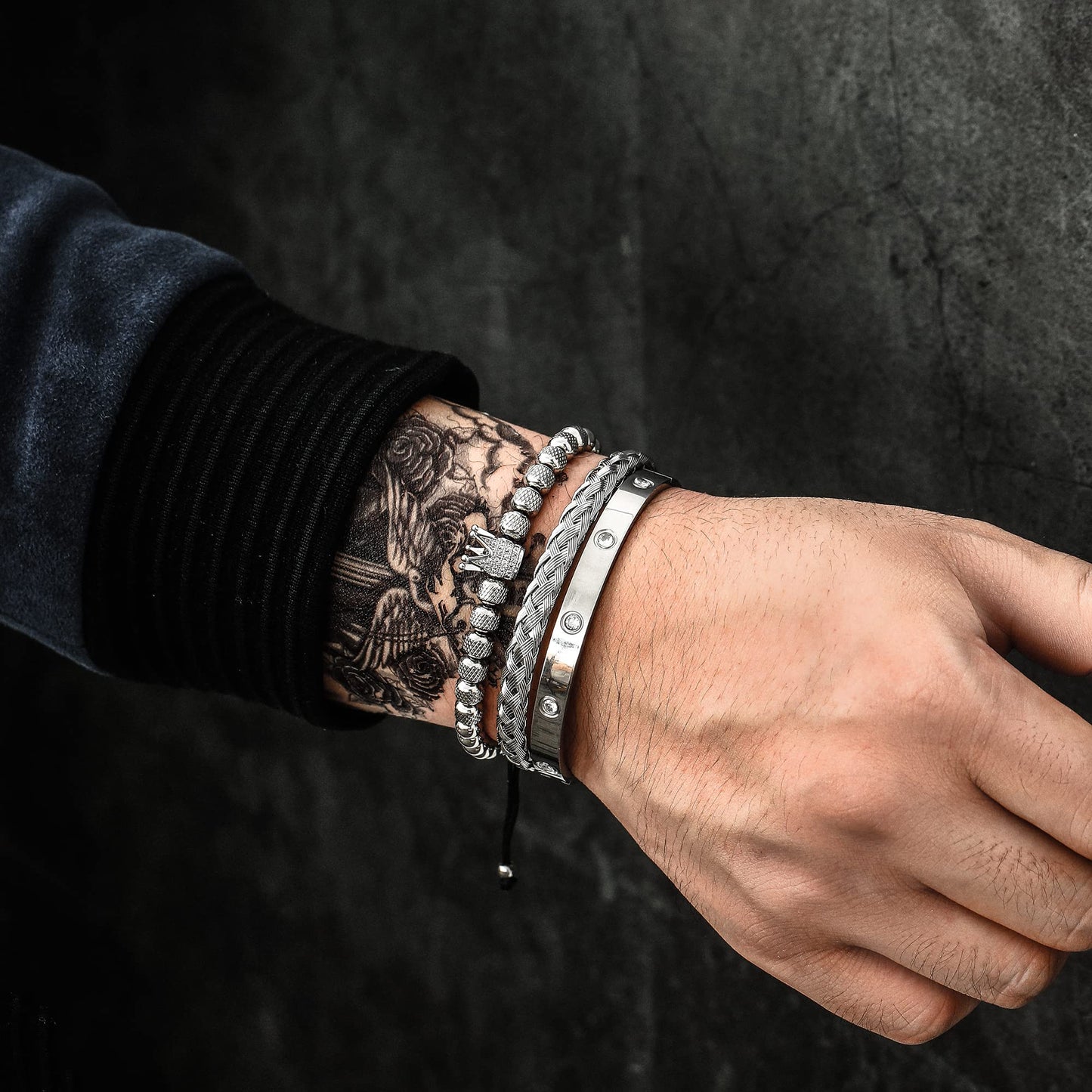WFYOU 3PCS Stainless Steel Bracelets for Men Gold Roman Numeral Bangle Bracelet Twisted Cable Bracelet Adjustable Cuff Bracelet Mens Luxury Jewelry Bracelets Gifts(CZ Crown Silver)