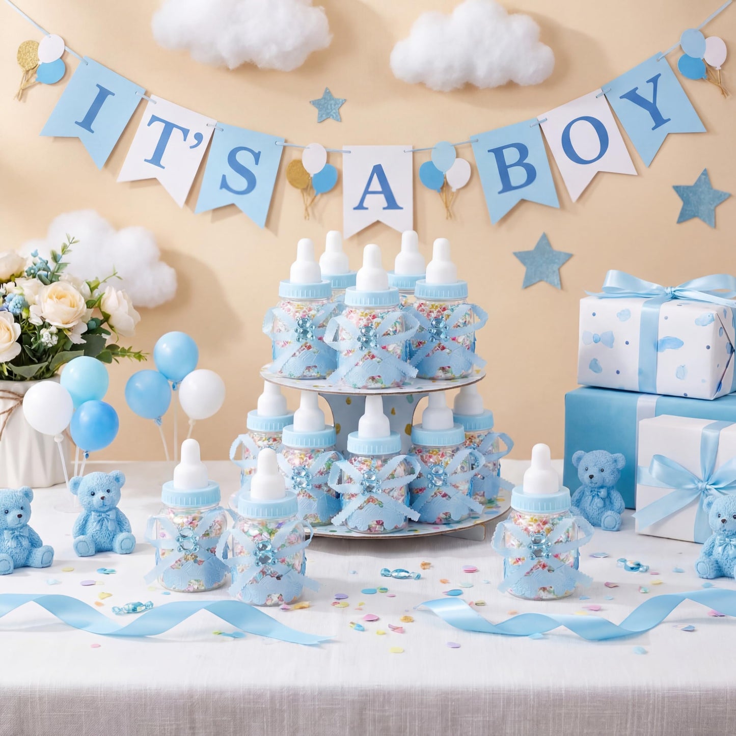 Nuenen 36 Pcs Baby Bottle Party Favors Plastic Mini Milk Bear Bottles for Baby Shower Decorations and Centerpieces Candy Jar with Ribbon for Gifts(Blue,Stylish)