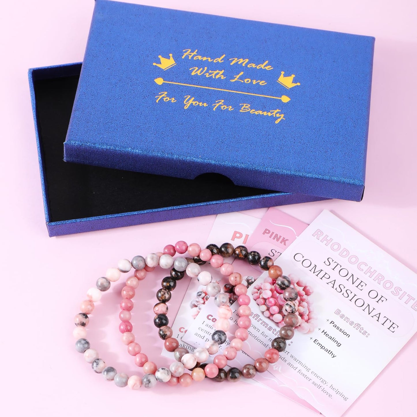 CMBYN 3-Pieces 6mm Natural Crystal Gemstone – ﻿Rhodochrosite, Pink Zebra, Pink Black Rhodonite Handmade Reiki Energy Healing Stretch Bracelets Jewelry for Yoga, Meditation, Unisex