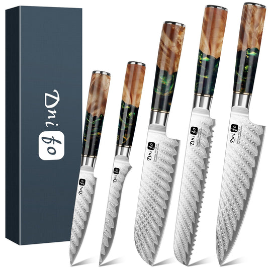 5 Pieces Damascus Knife Set, Japanese Chef Knife Set with Galaxy Pattern Resin Handle, 67-Layers Damascus Steel, Gift Box Included 5" Paring, 6" Boning, 7" Santoku, 8" Chef & 8" Bread Damascus Knives