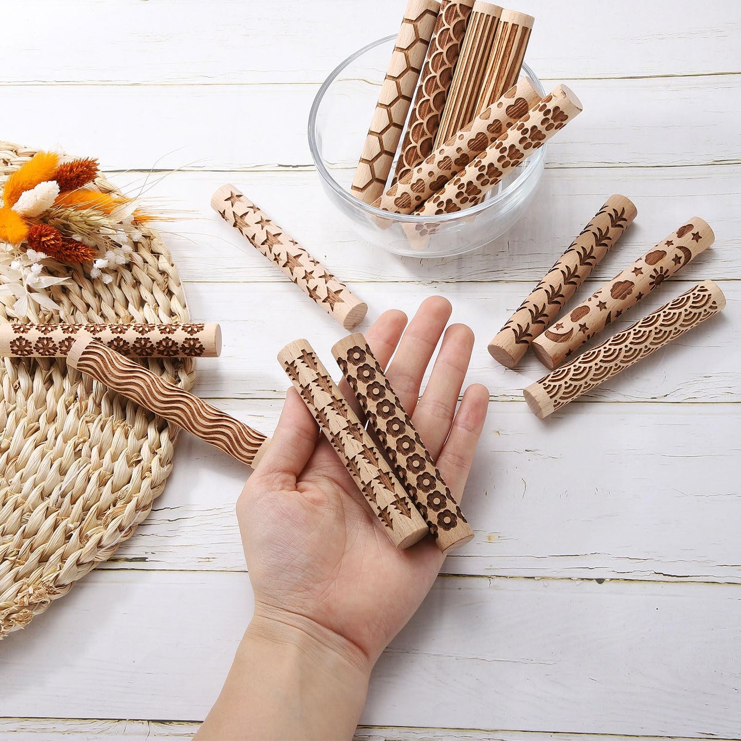 HARFINGTON 2pcs Wood Clay Roller 4" Straight Lines Curved Lines Pattern Rolling Pins Wood Rollers Pottery Tools Wood Grain Texture Rollers for Clay Baking Dough Playdough DIY