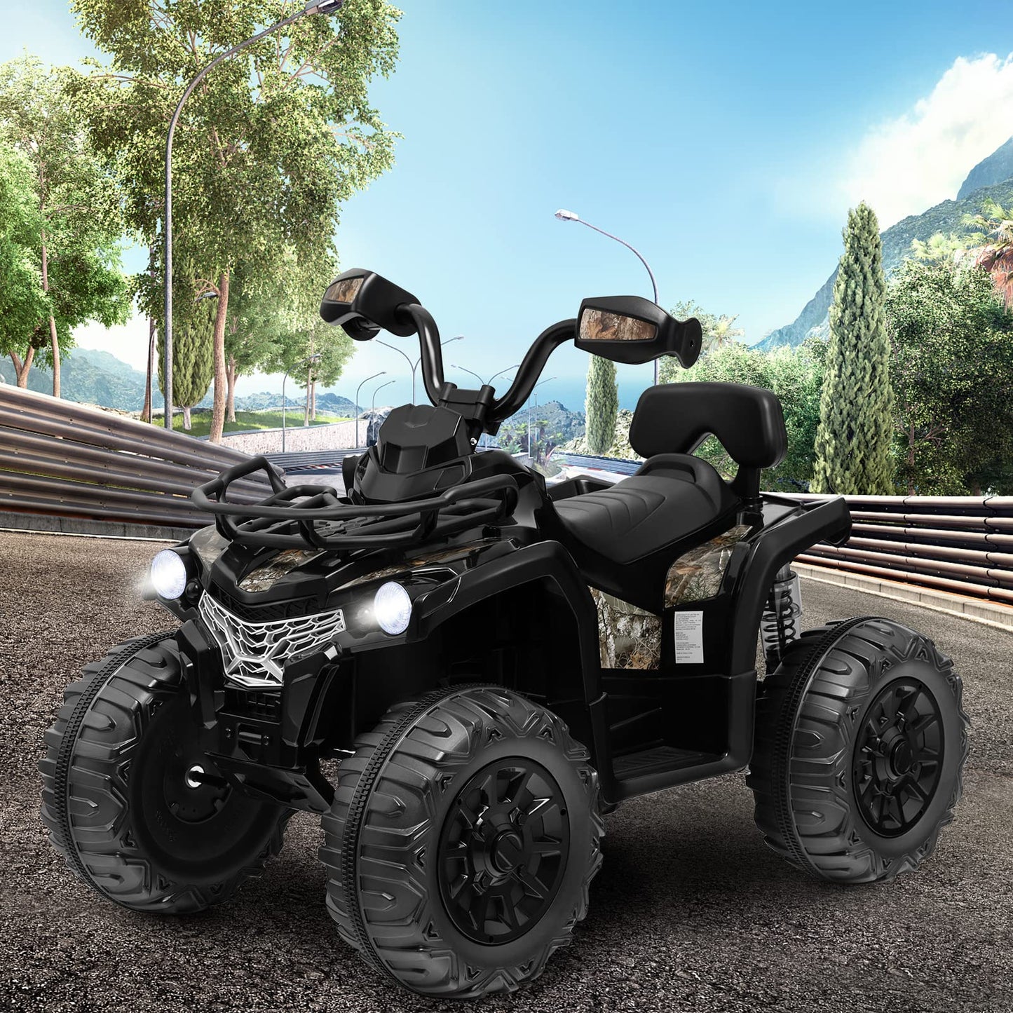Costzon Kids ATV, 12V Four Wheeler Quad Electric Vehicle w/Forward/Backward Function, 2 Speeds, Music, Headlights, Storage Basket & Backrest, Toddler 4 Wheeler Toy Car for Boys Girls 3+ (Black)