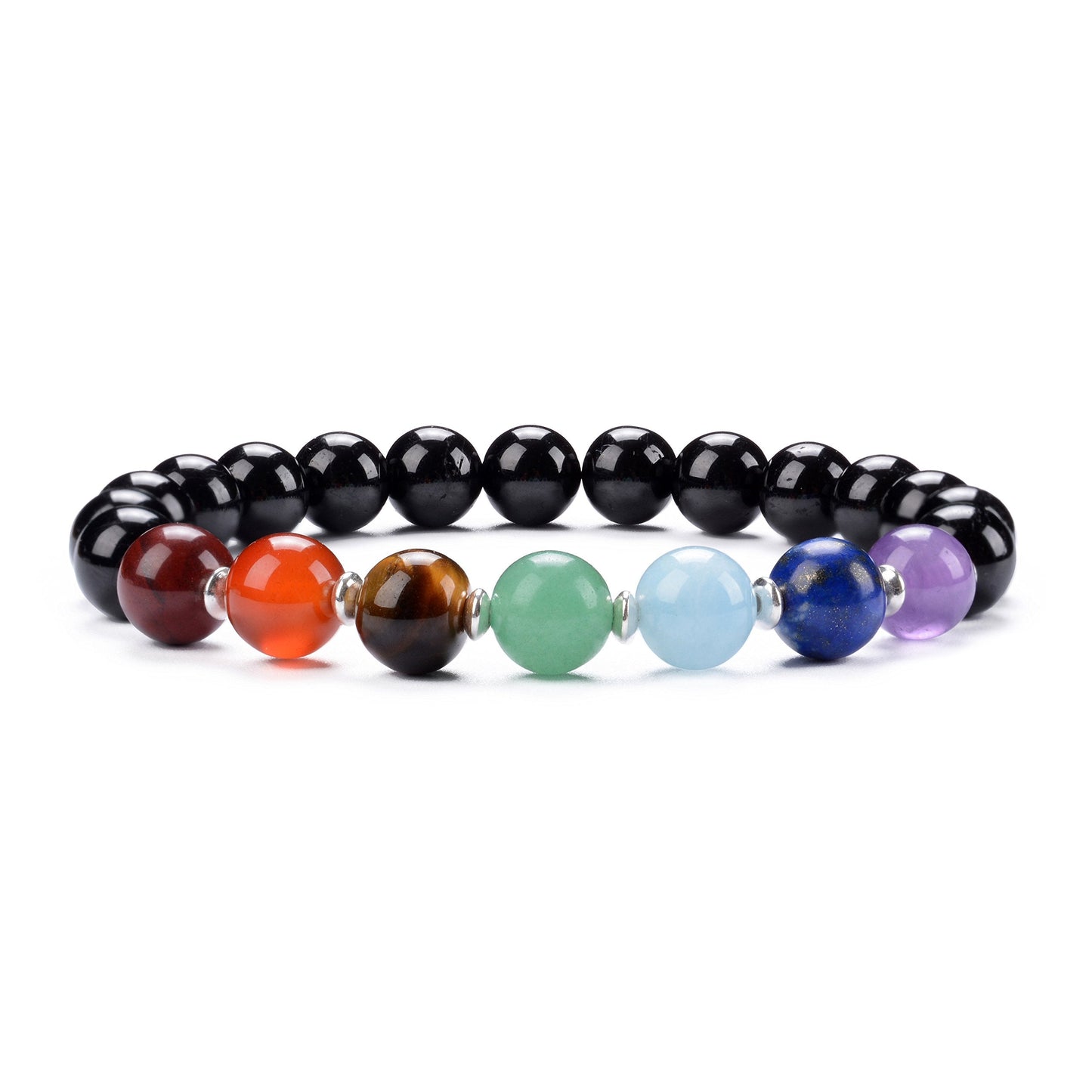 Cherry Tree Collection Chakra Stretch Bracelet | Genuine Natural 8mm Gemstones Beads, Silver Spacers | Men/Women (Black Tourmaline - Small)