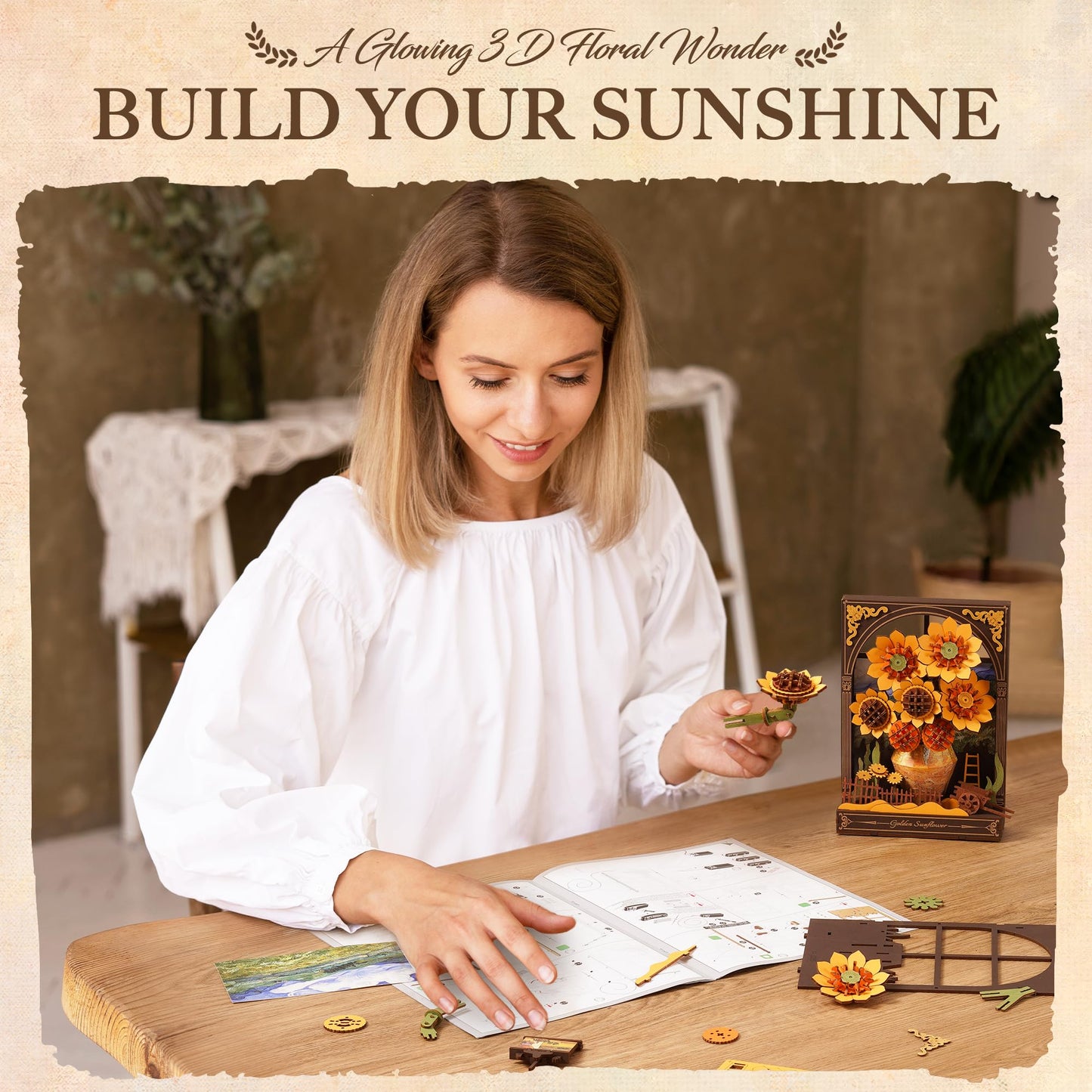 ROBOTIME Wooden Flower Golden Sunflower Building Sets for Adult with Lights TH002, Van Gogh Wall Art Crafts, Painting Frame Room Decor, Valentine's Day/Anniversary/Birthday Gifts for Women, 266PCS