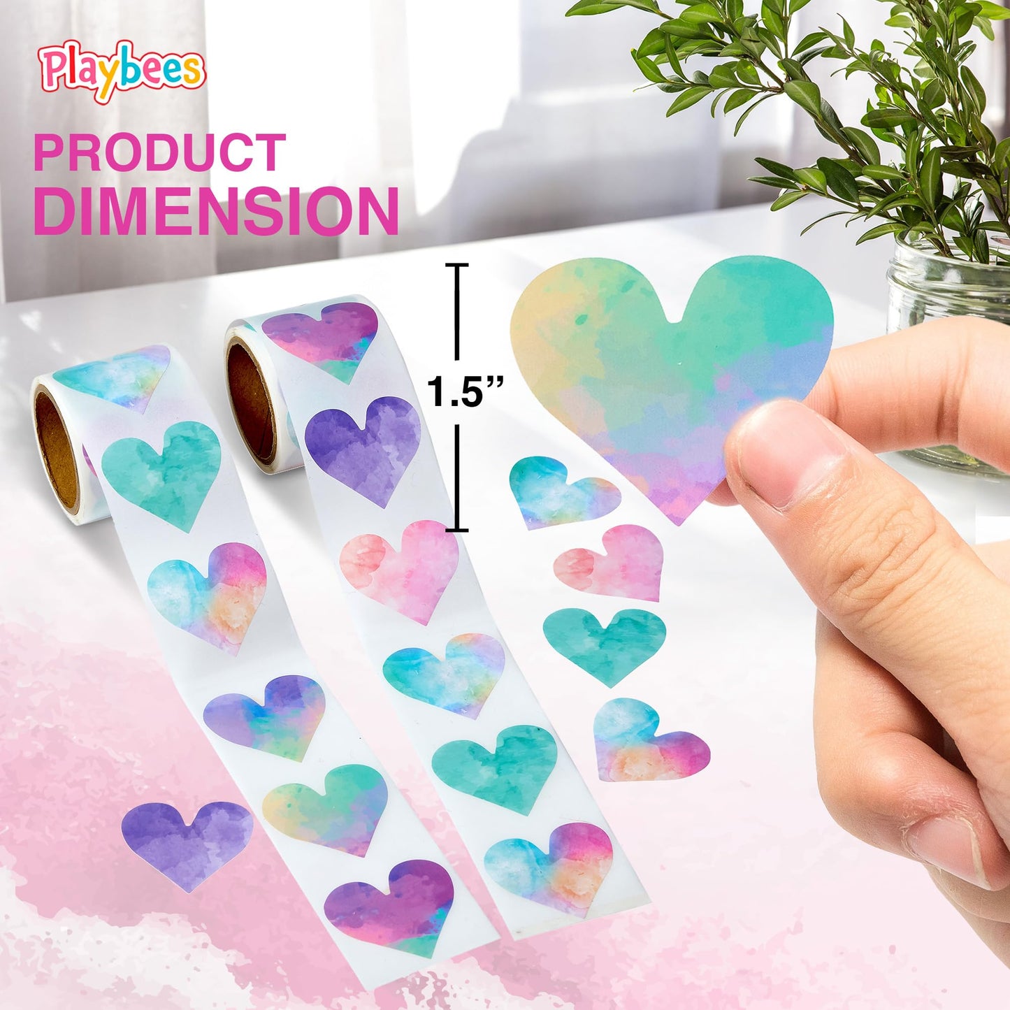 Playbees Watercolor Heart Stickers for Kids - 200 Pack of Rainbow Heart Themed Designs - Valentine’s Day Kids Educational Arts and Crafts, Scrapbooking, Teacher Awards, Classroom Prize, Encouragement