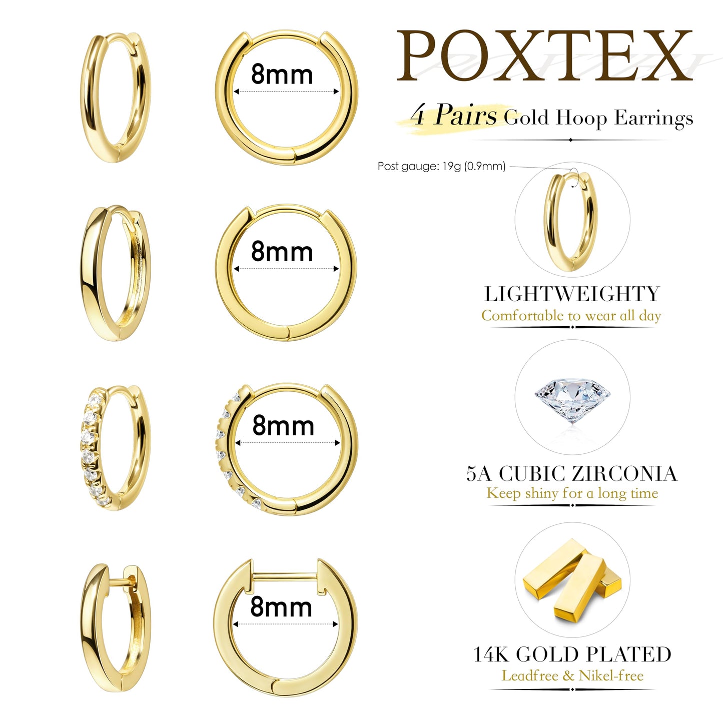 8mm Rook Huggie Small Hoop Earrings Set for Women Gold Stack Cartilage Rook Earring Sets for Multiple Double Piercing Lightweight Mini Thin Cute Dainty Trendy Clip On Mom Jewelry Gifts
