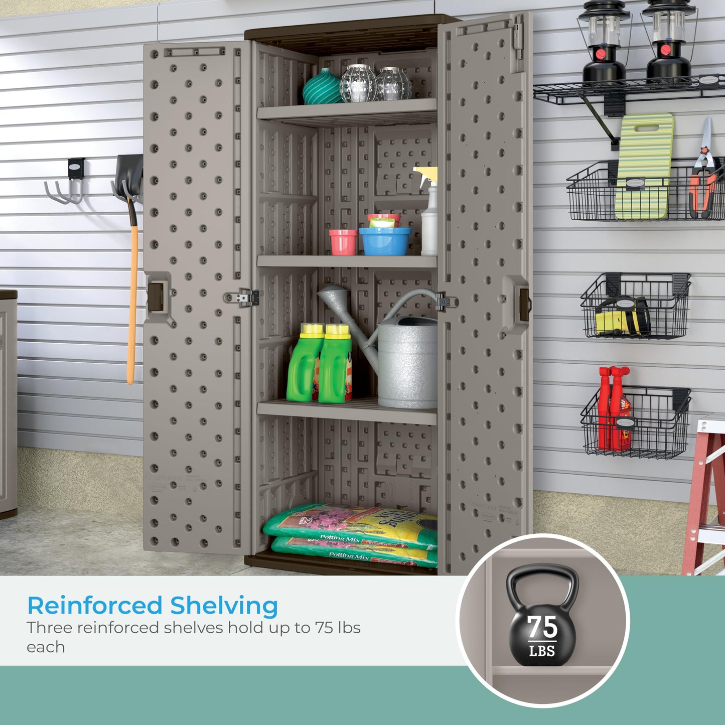 Suncast Tall Storage Cabinet, Platinum Resin Outdoor & Garage Storage Cabinet with Doors & Shelves, Resin, Weather-Resistant, Lockable, Freestanding Utility Closet for Tools & Supplies, Made in USA