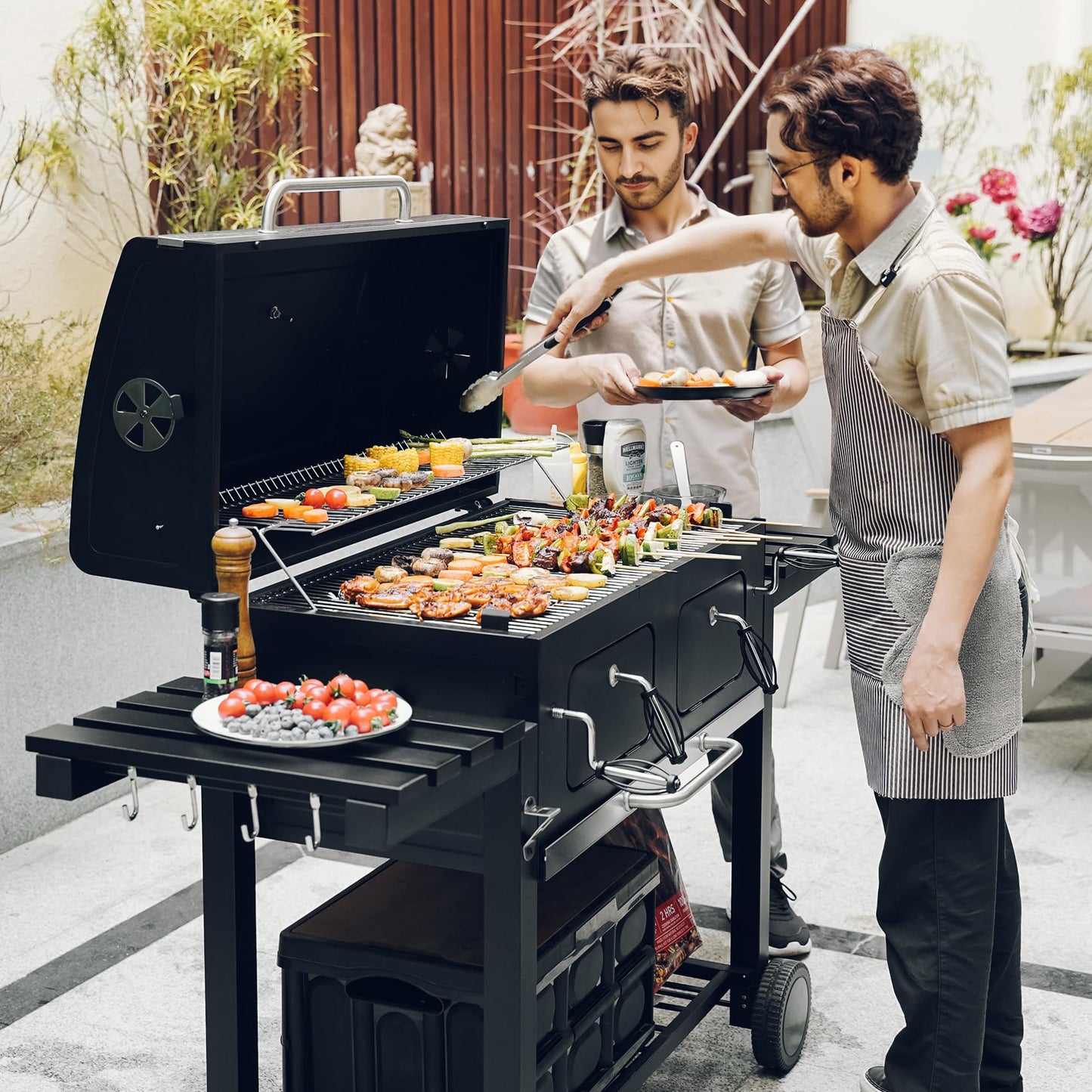 ONLYFIRE GRILLS Extra Large BBQ Charcoal Grill with Cover, 794 SQ.IN Cooking Area, Heavy Duty Outdoor Barbecue Grill with 2 Individual Lifting Charcoal Tray and 2 Side Tables, Sturdy Wheels, GS339