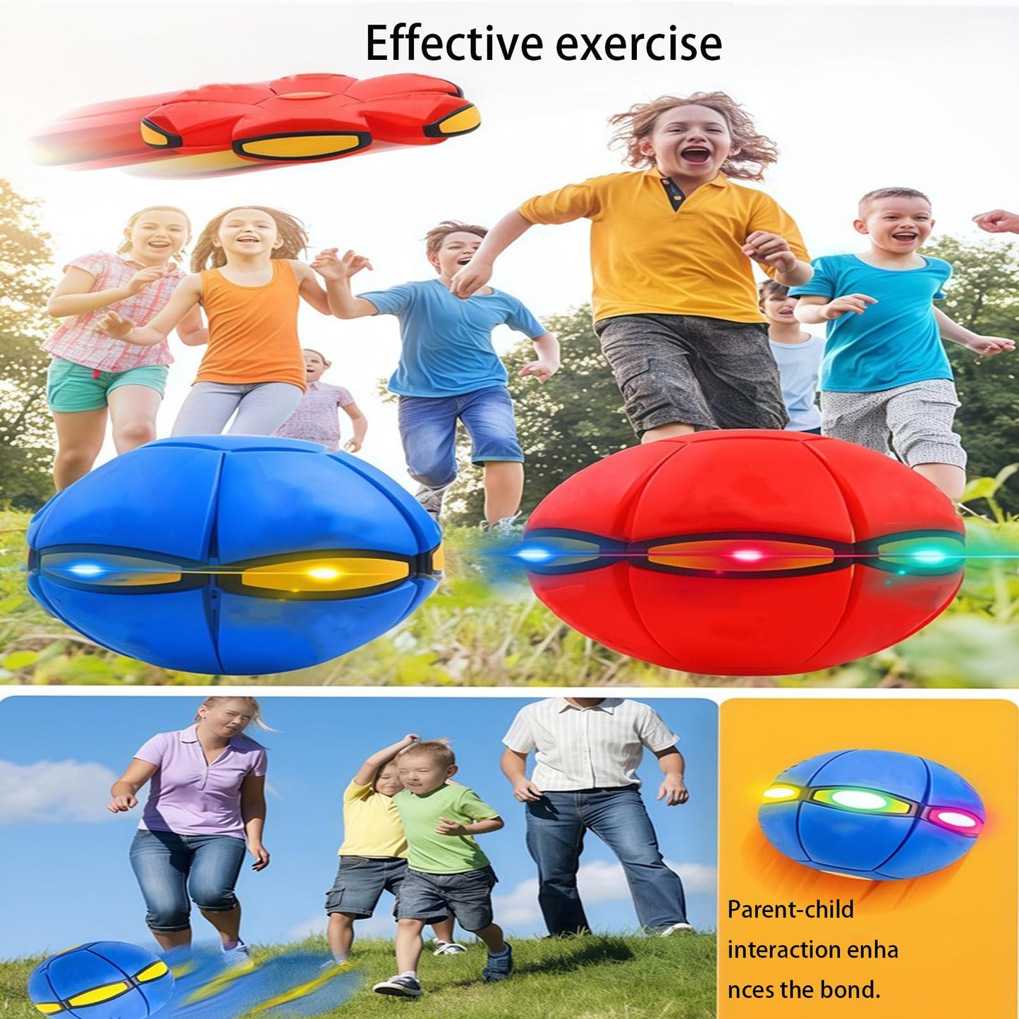 Magic Ball, Flying Saucer Bouncy Ball - Two Modes to Switch Freely, 6 LED Lights, Parent-Child Interaction, Indoor and Outdoor Holiday Games (Green + Blue + Purple + Red + Pink + Cyan)