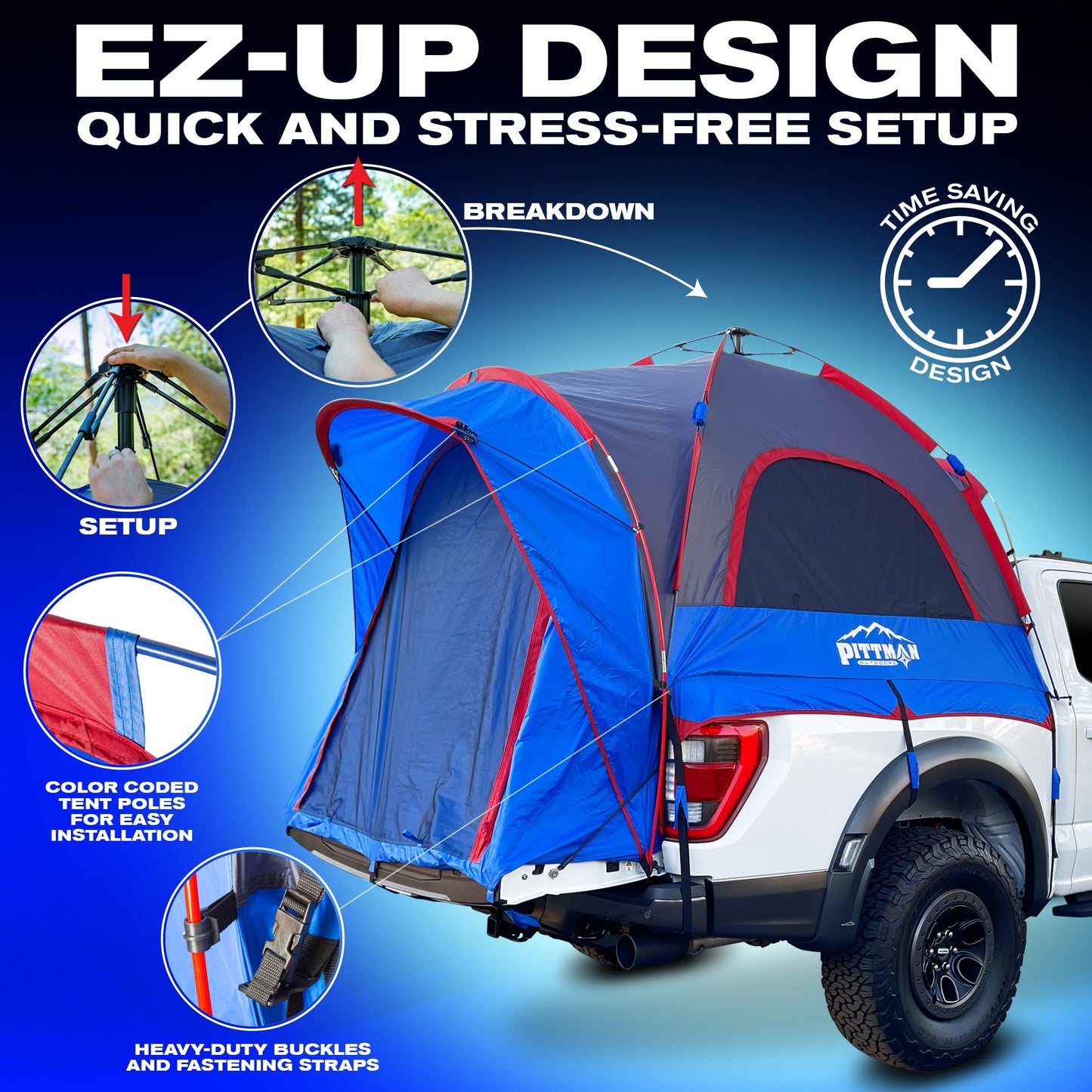 Pittman Outdoors - Truck Bed Tent with EZ-UP Design - Full Size - 5.5 ft-5.8ft Pickup Truck Tent for Camping - Includes Rain Fly, Extra Wide Entry, Oversize Air Mesh & Porch Cover - Truck Bed Camper