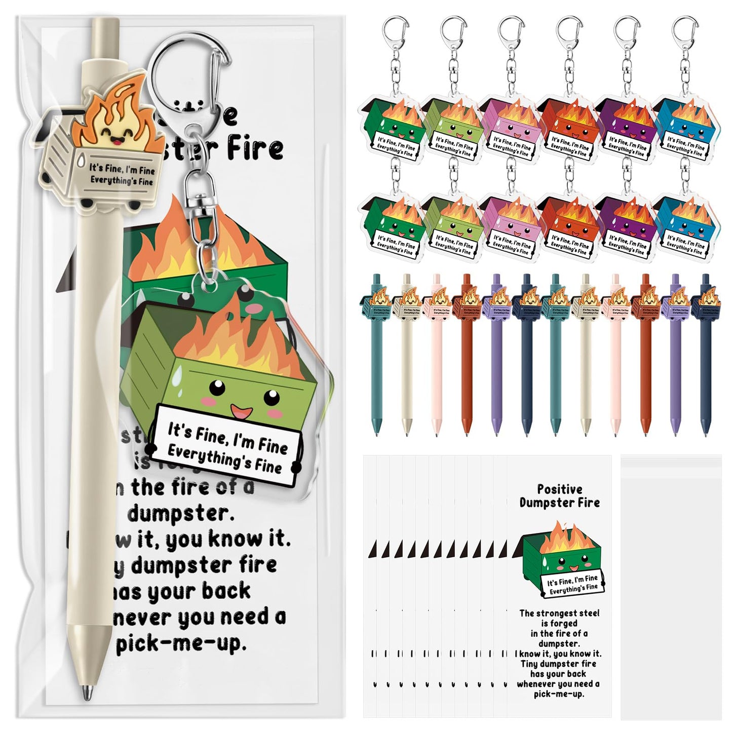 Sayglossy 12 Sets Dumpster Fire Funny Coworkers Gifts Ballpoint Pens Acrylic Keychains and Bookmarks Social Worker Gifts for Volunteer Nurse Teacher Administrative Professional Office Employee Team