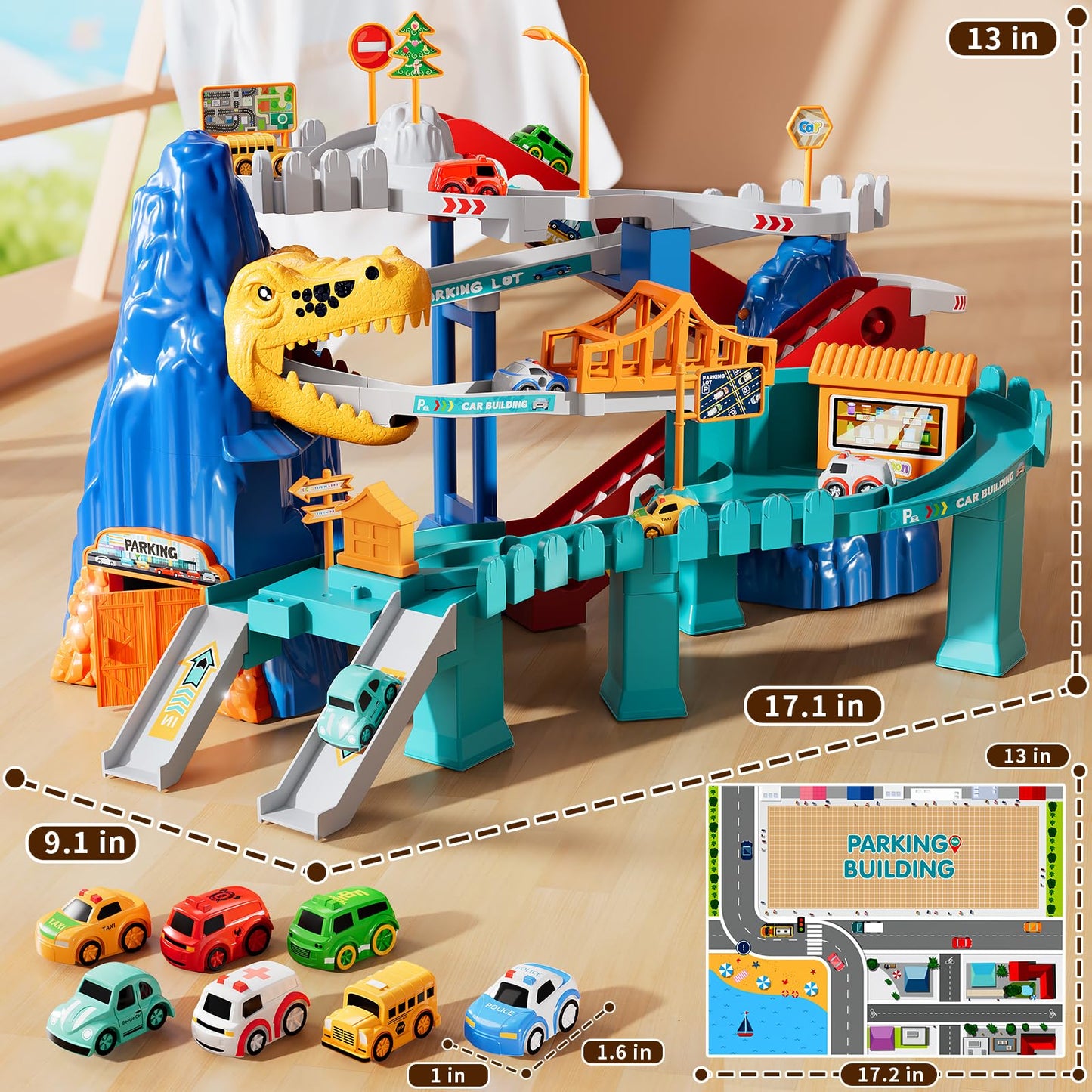 MSKOLER Dinosaur Race Car Tracks for Toddlers 2-4 Years, Dinosaur Climbing Hills Railcar, Toy Car Track Play Set with 7 Small Race Cars, Preschool Birthday Gifts for 3 4 5 6 7 8 Year Old Boys Girls
