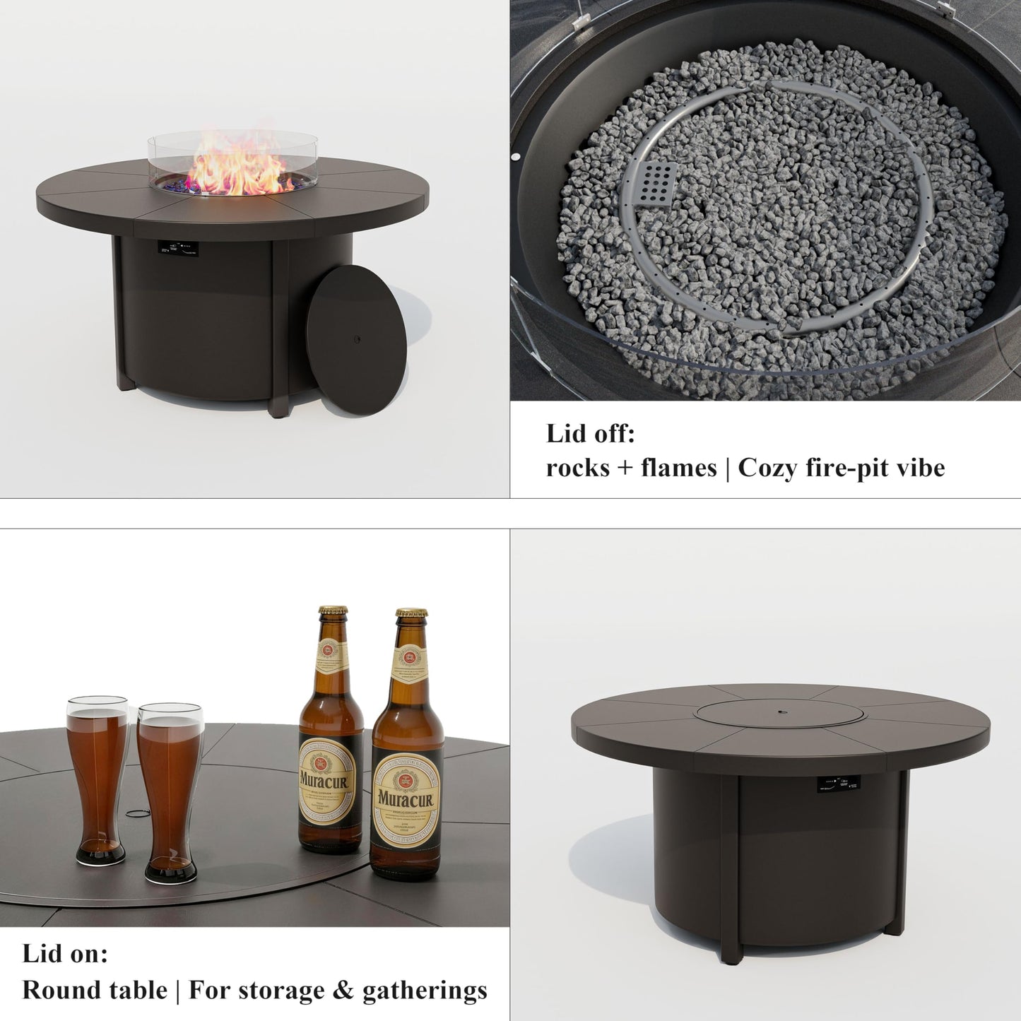 ASJMR 48 Inch Round Propane Fire Pit Table, 55000 BTU Auto-Ignition Gas Fire Pit with Steel Tabletop, Adjustable Flame, Windshield, Lid & CSA Certification for Patio Backyard Garden